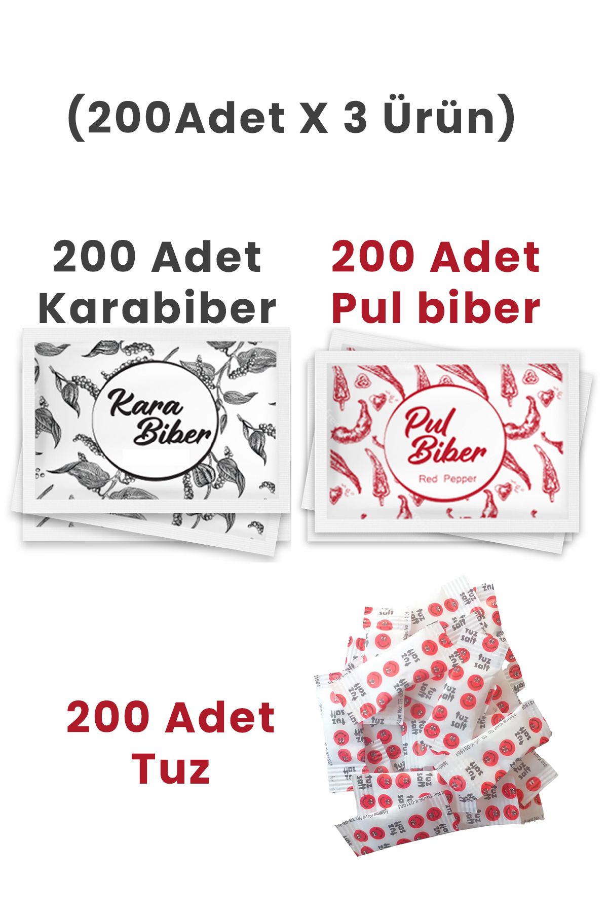 Balkan (Toplam 600 Adet) Tek kullanımlık Pulbiber 200 - Karabiber 200 - Tuz 200 Adet