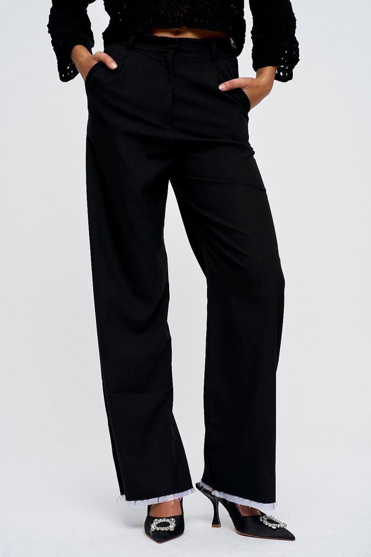 Tuba Butik-Masculine Palazzo Black Women's Trousers 4