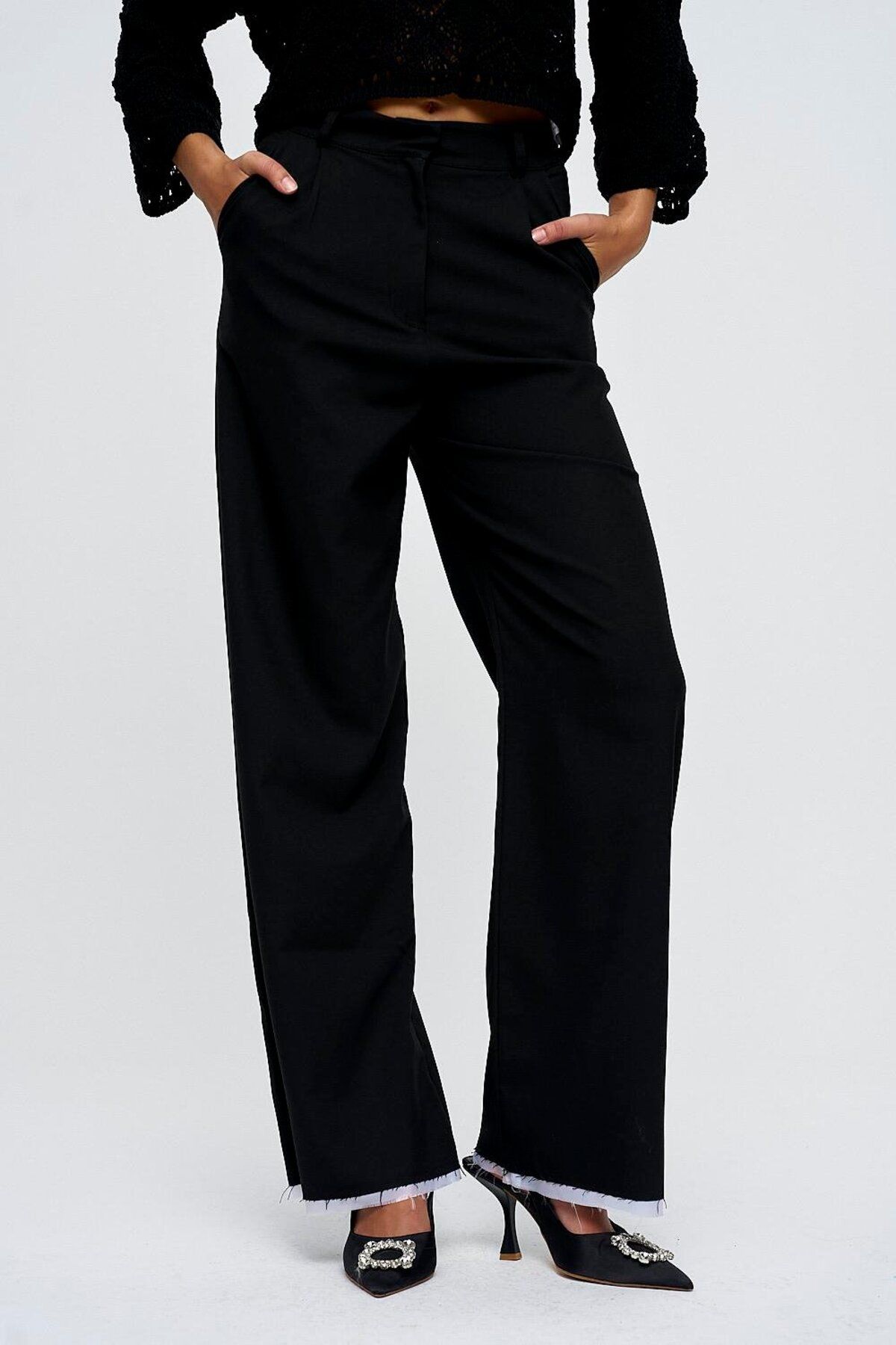 Tuba Butik-Masculine Palazzo Black Women's Trousers 5