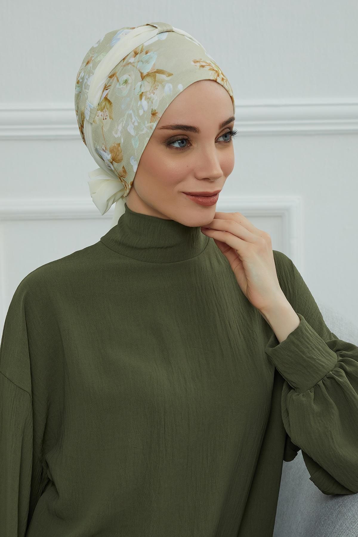 Aisha's Design-Patterned Chiffon Belted Combed Cotton Bonnet - B-24Yd 3