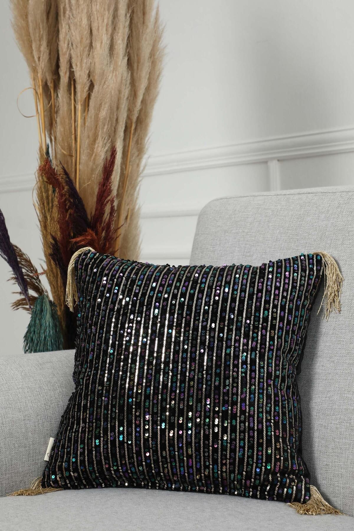 Aisha's Design-45X45 cm Velvet Throw Pillow - Sequined and Fringed Cover, K-373 6