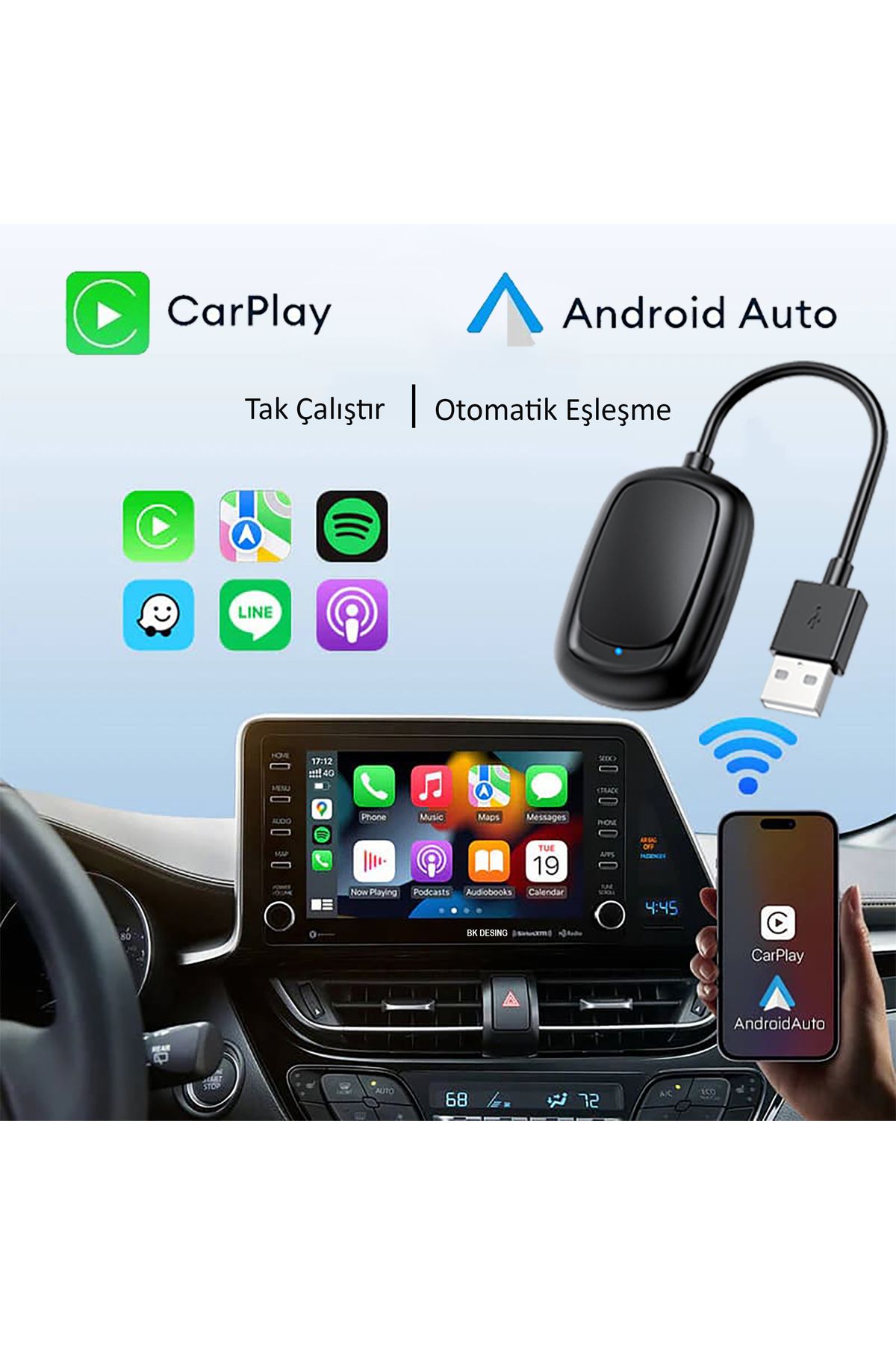 BK DESING Yeni Tasarım Mini Kablosuz Carplay Usb ve Type-c Uyumlu Araç Multimedya Adaptörü