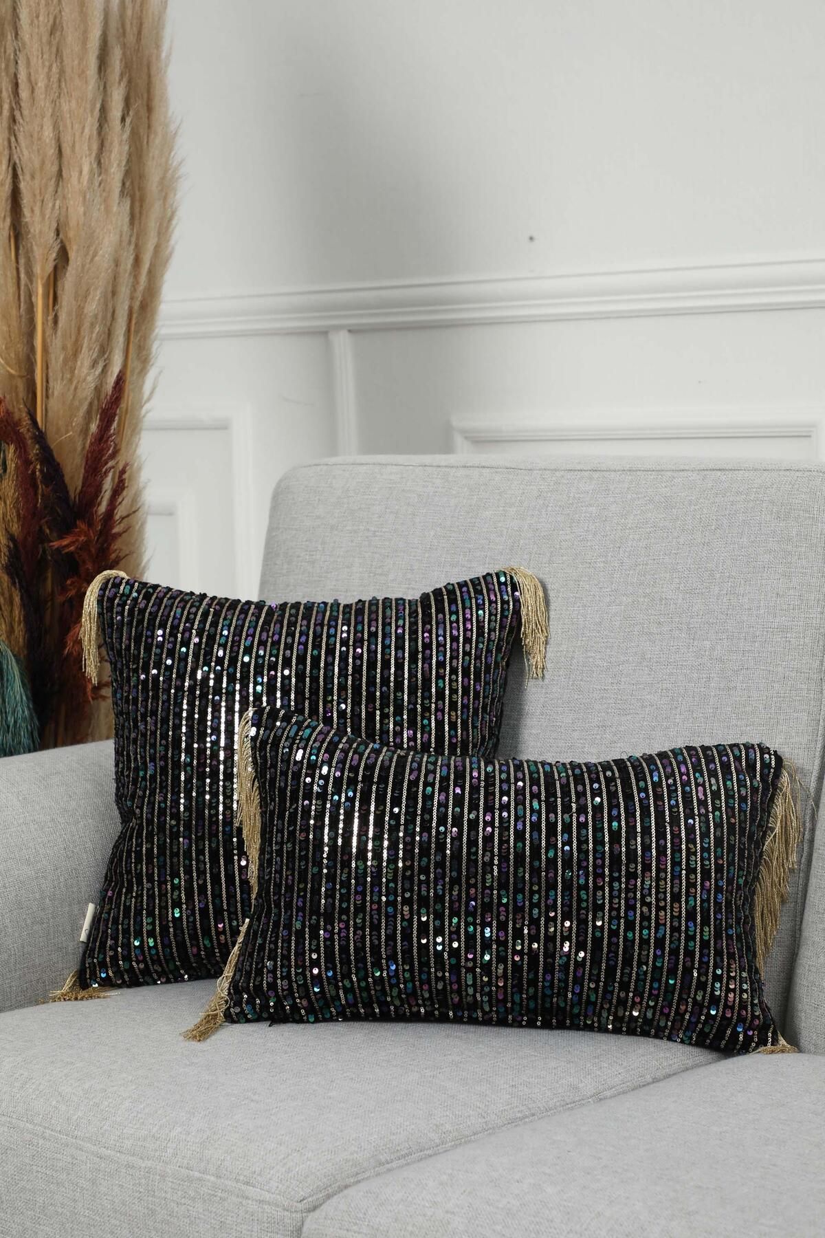 Aisha's Design-45X45 cm Velvet Throw Pillow - Sequined and Fringed Cover, K-373 7