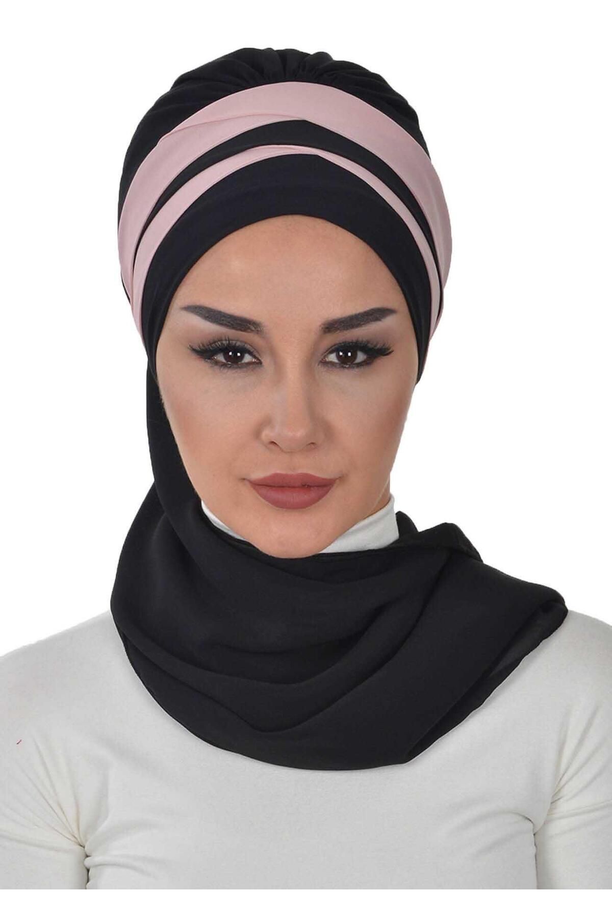 Ayşe Tasarım Çapraz Dikim Çift Renkli Fularlı Şifon Hazır Türban,ht-52,ht-52