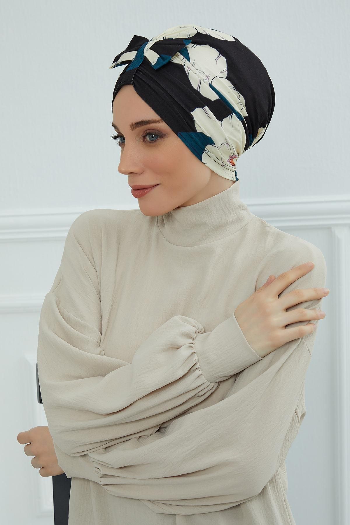 Aisha's Design-نموذج B-7yd بونيه منقوش بفيونكة أمامية 2