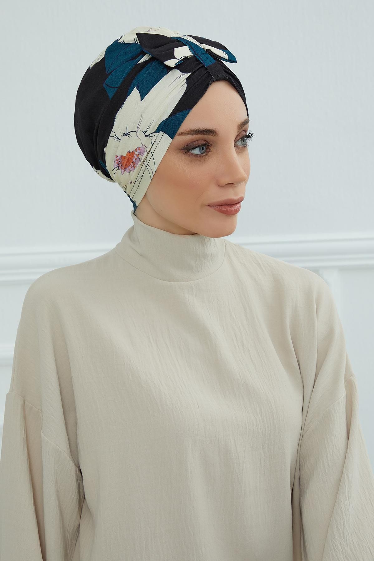 Aisha's Design-نموذج B-7yd بونيه منقوش بفيونكة أمامية 4