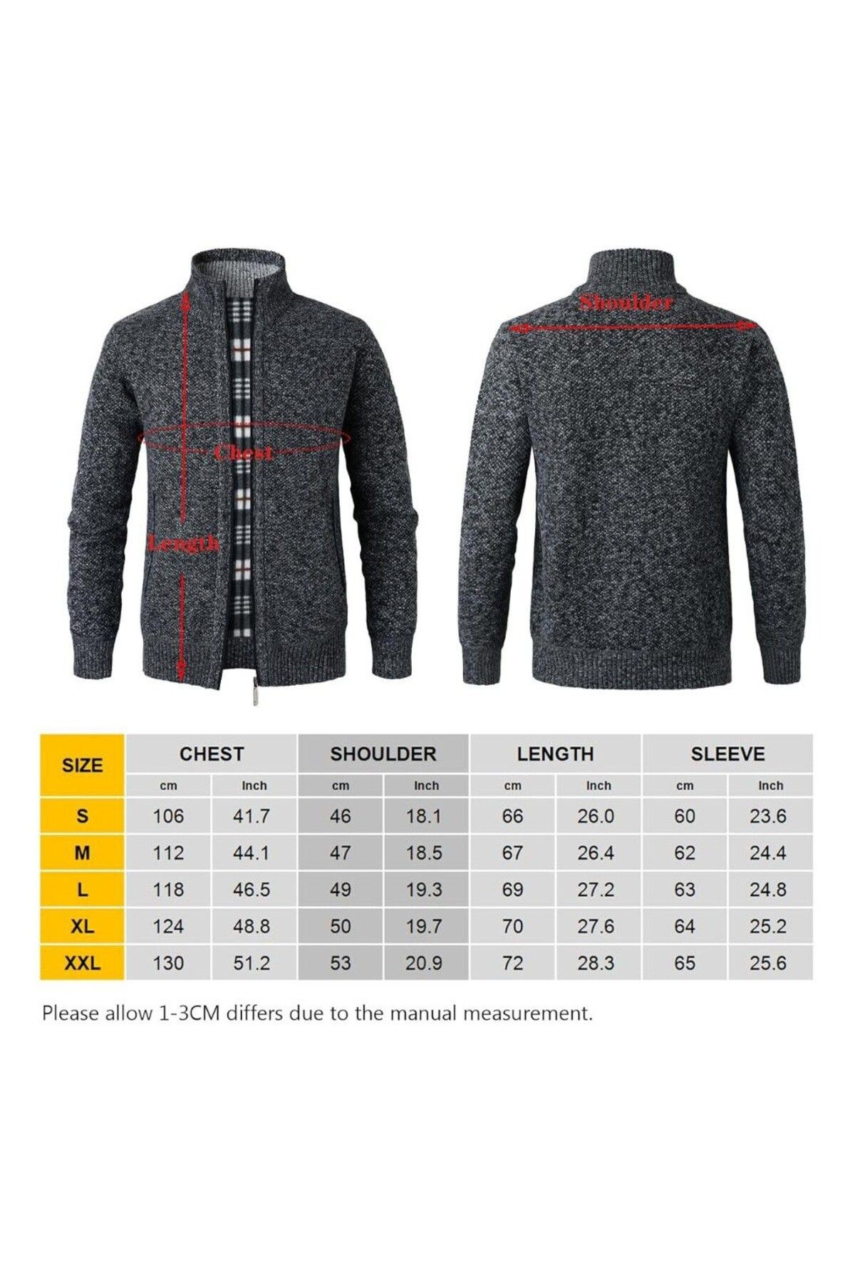 ARDSU-Men's Fleece Knitted Cardigan - Zippered and Pocketed, Arm between 56 Cm, Height 68 cm 5