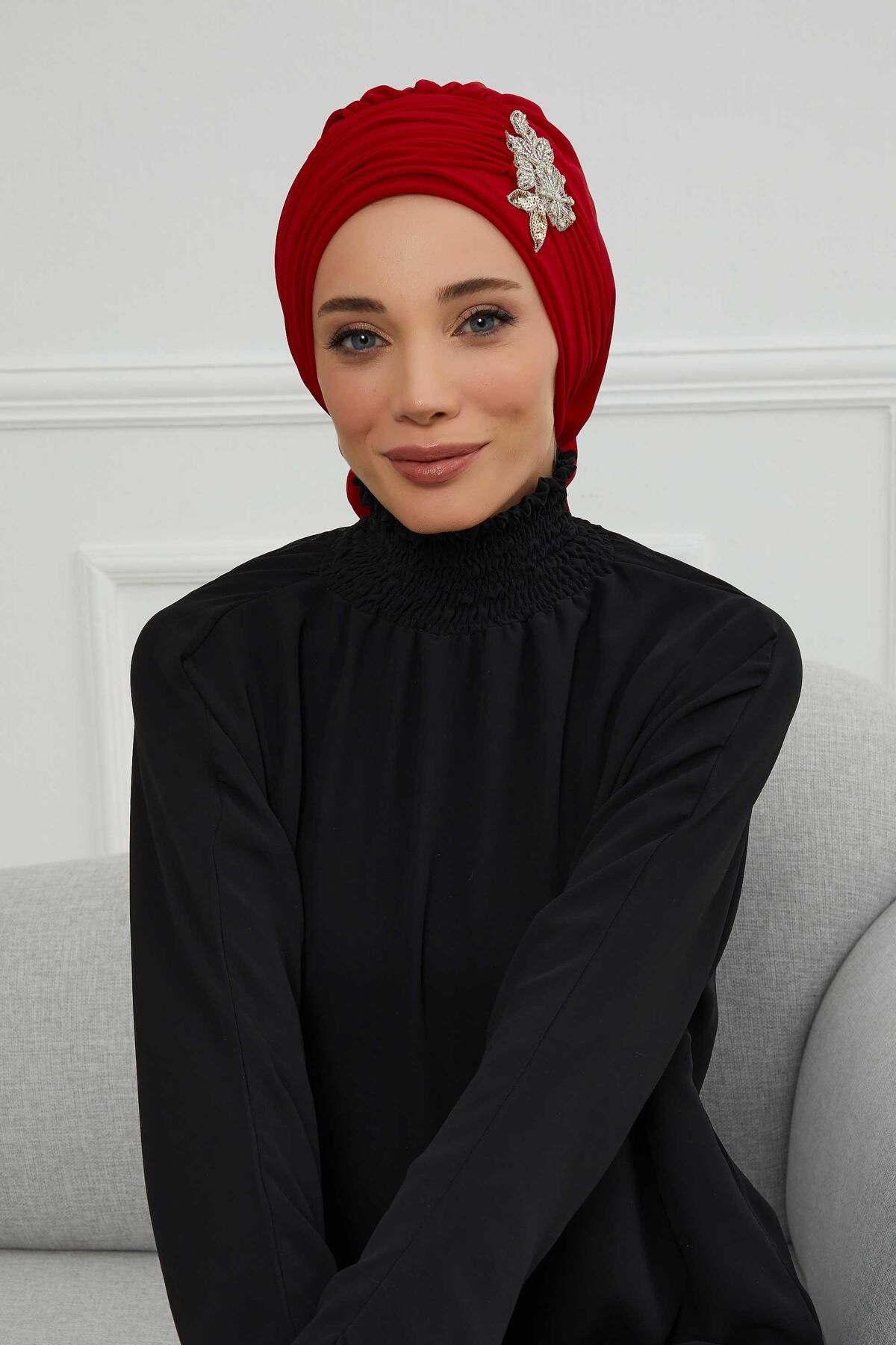 Aisha's Design-Turban din șifon cu model de flori de piatră - cu pliuri și accesorii, gata de utilizare, ht-105,ht-105 2