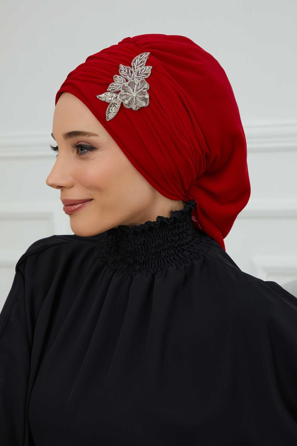 Aisha's Design-Turban din șifon cu model de flori de piatră - cu pliuri și accesorii, gata de utilizare, ht-105,ht-105 3