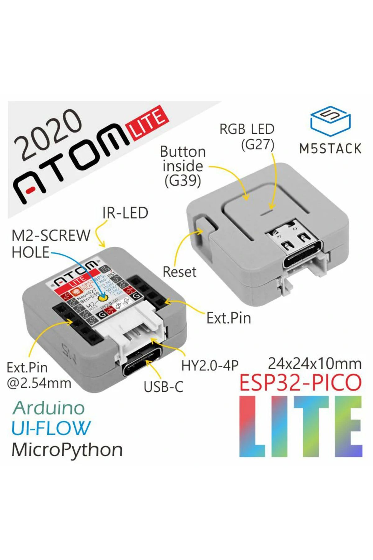 FMchip-Original M5Stack ATOM Lite ESP32-PICO Development Board Kit with Wi-Fi Programmable Button IoT node 3