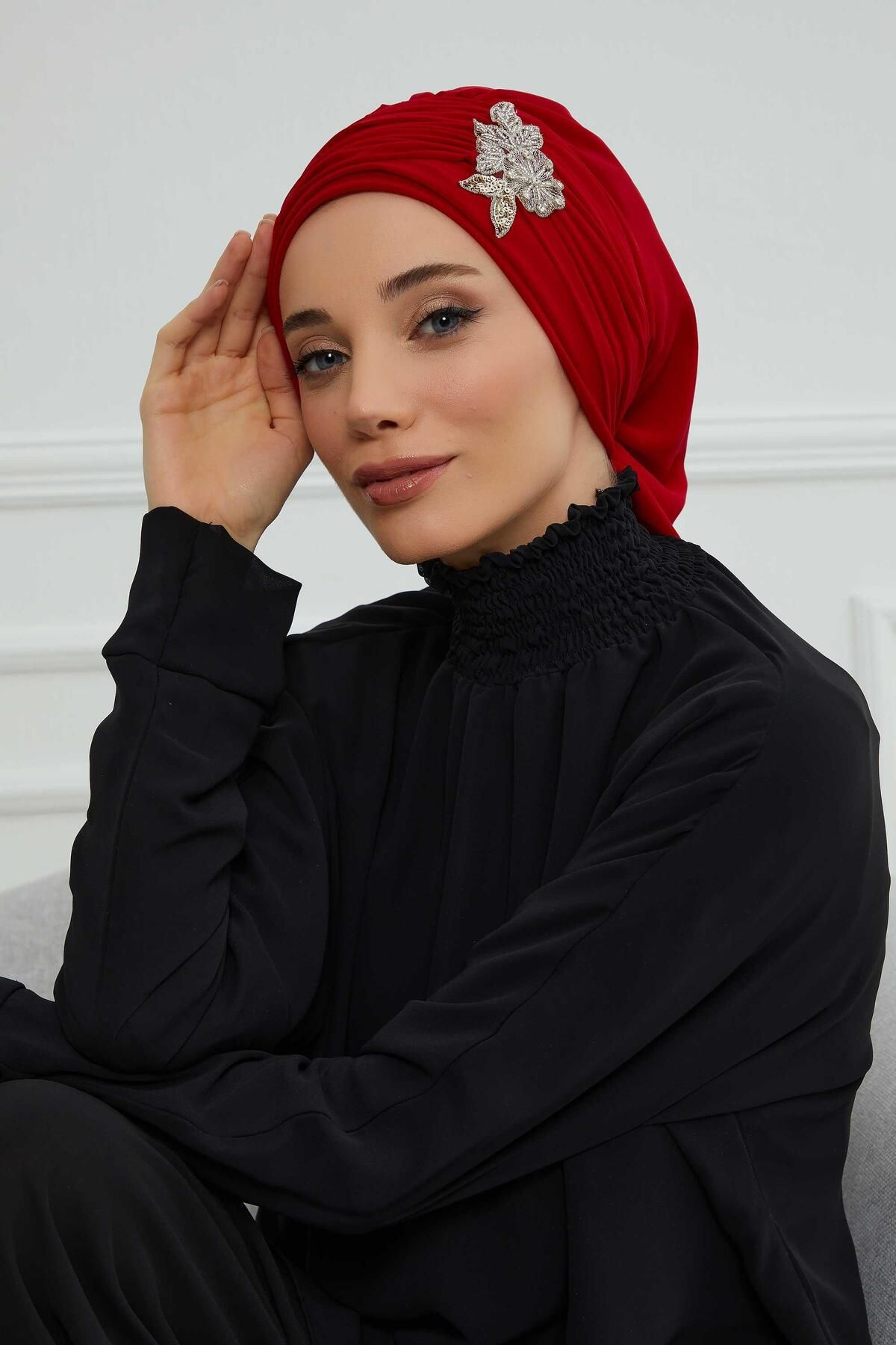 Aisha's Design-Turban din șifon cu model de flori de piatră - cu pliuri și accesorii, gata de utilizare, ht-105,ht-105 6