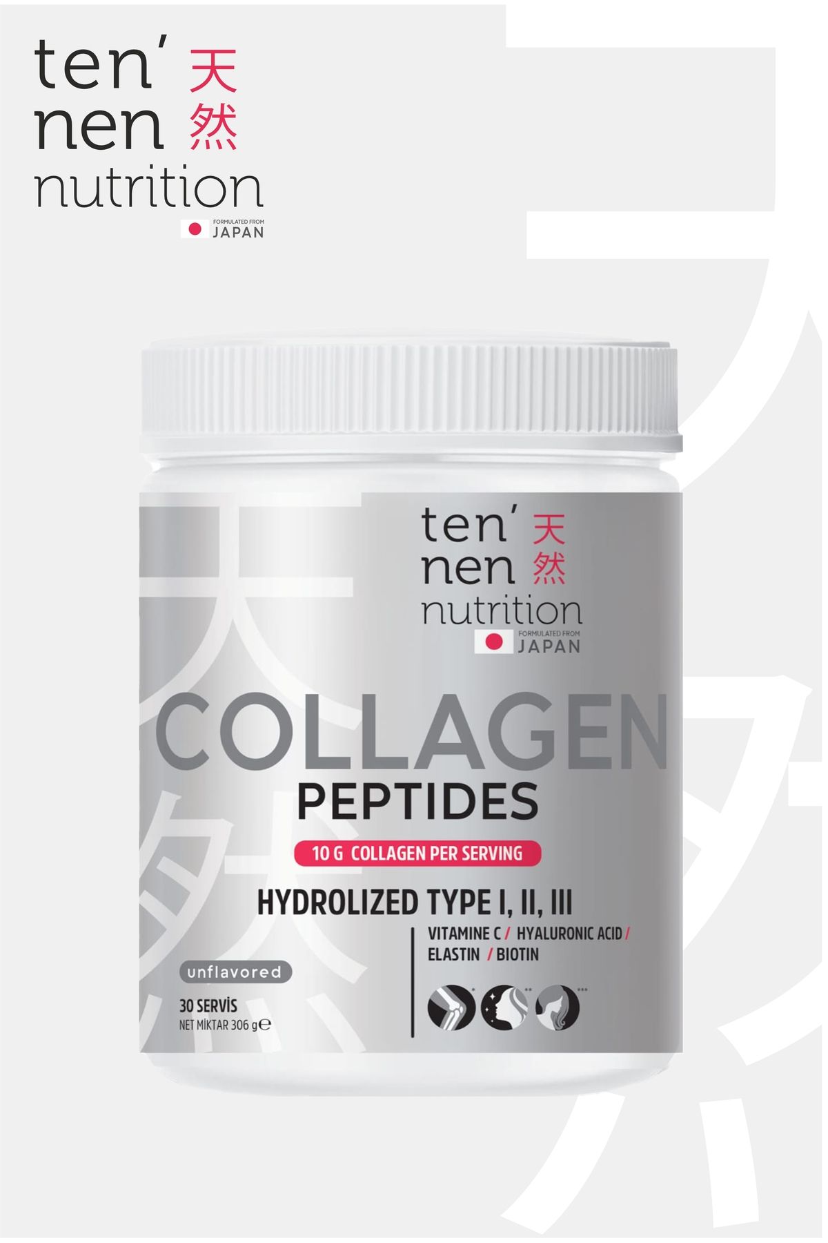 Tennen Nutrition Tip 1-2-3 Collagen, Hyaluronik Asit, Biotin, Vitamin C, Elastin, Saf Doğal Hidrolize Kolajen, 306gr