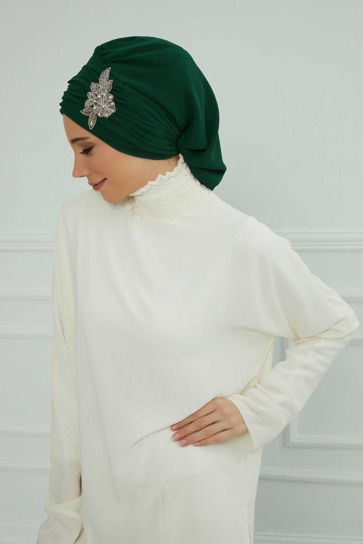 Aisha's Design-Turban din șifon cu model de flori de piatră - cu pliuri și accesorii, gata de utilizare, ht-105,ht-105 8