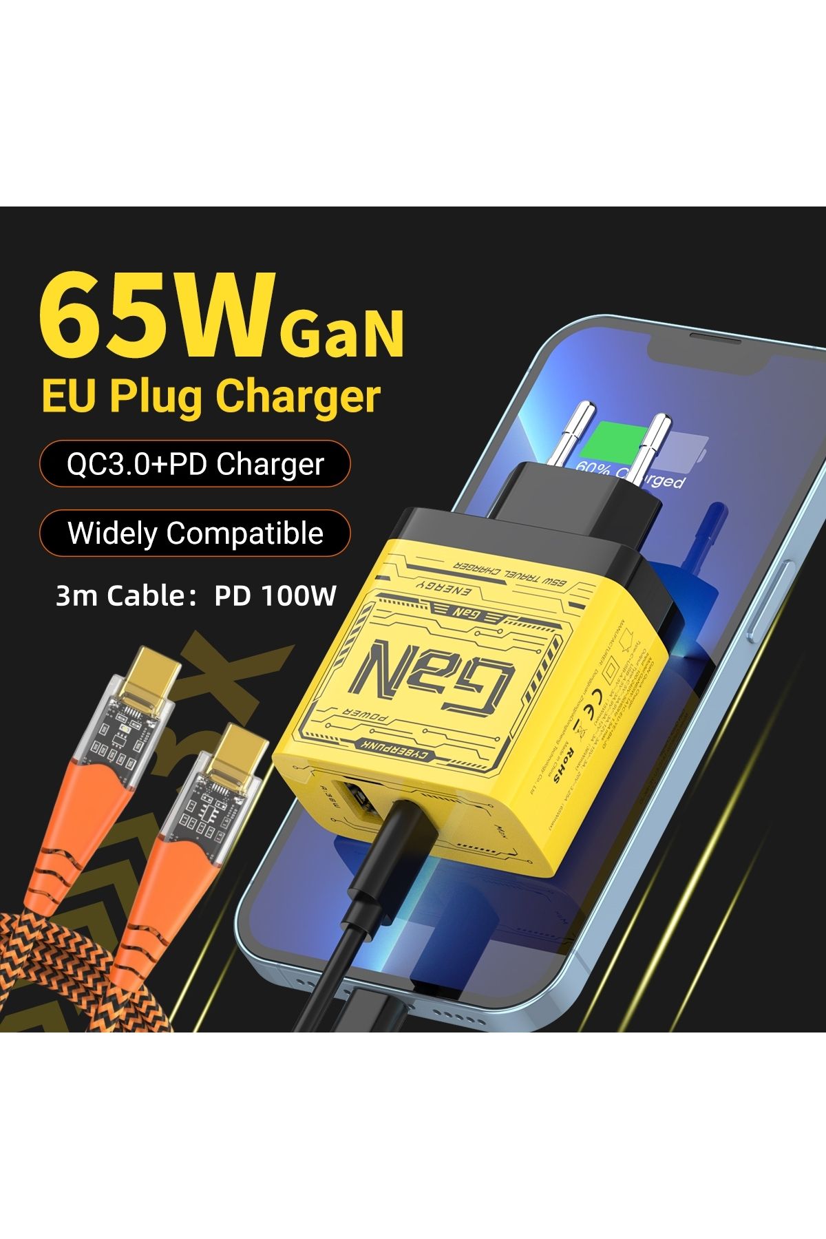 Choice-EU/US Plug PD65W GaN Fast Charger with Type-C and USB-A Interface Universal Dual Port Wall Charge... 3