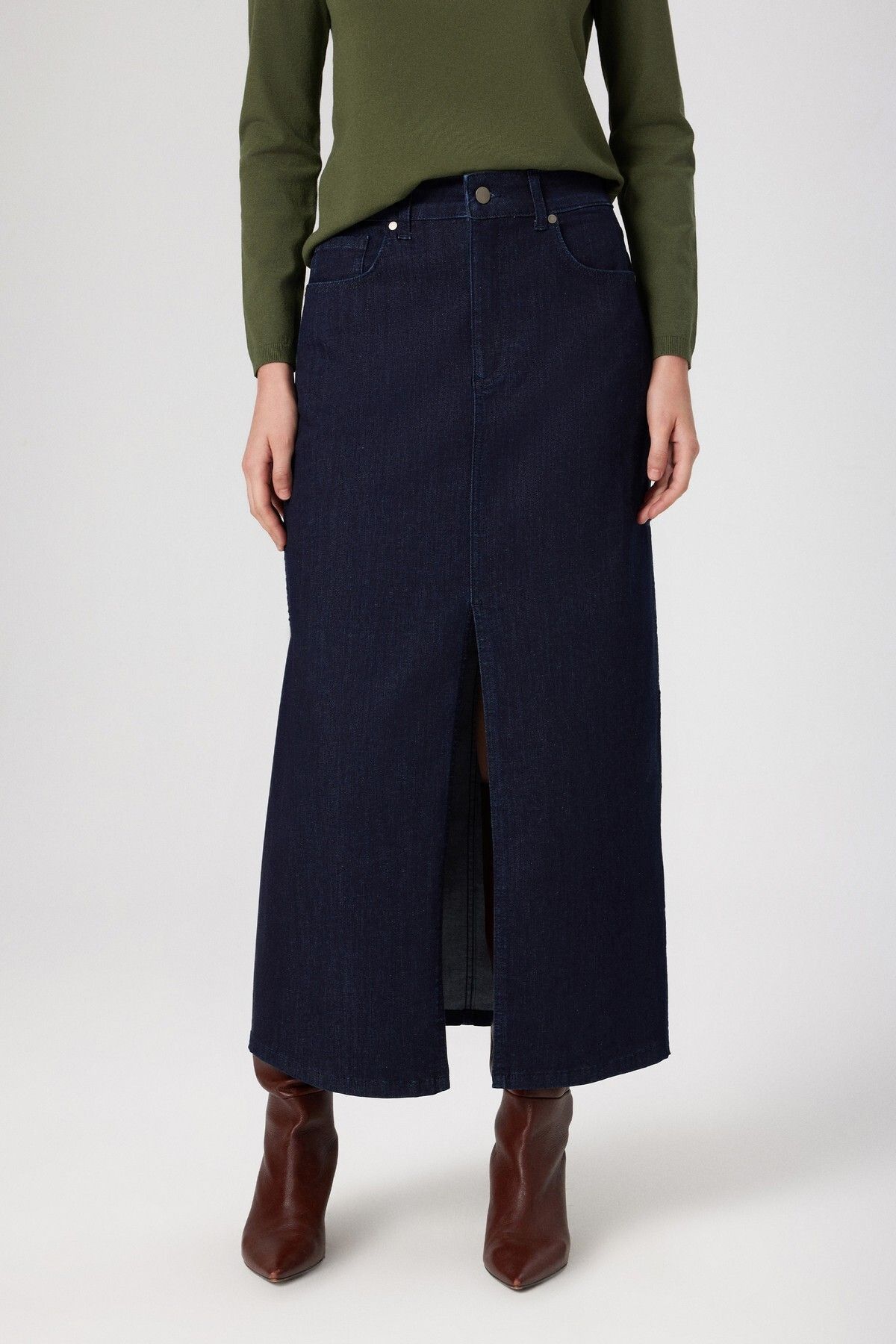 Mısırlı-Blue Front Slit Long Denim Skirt 4