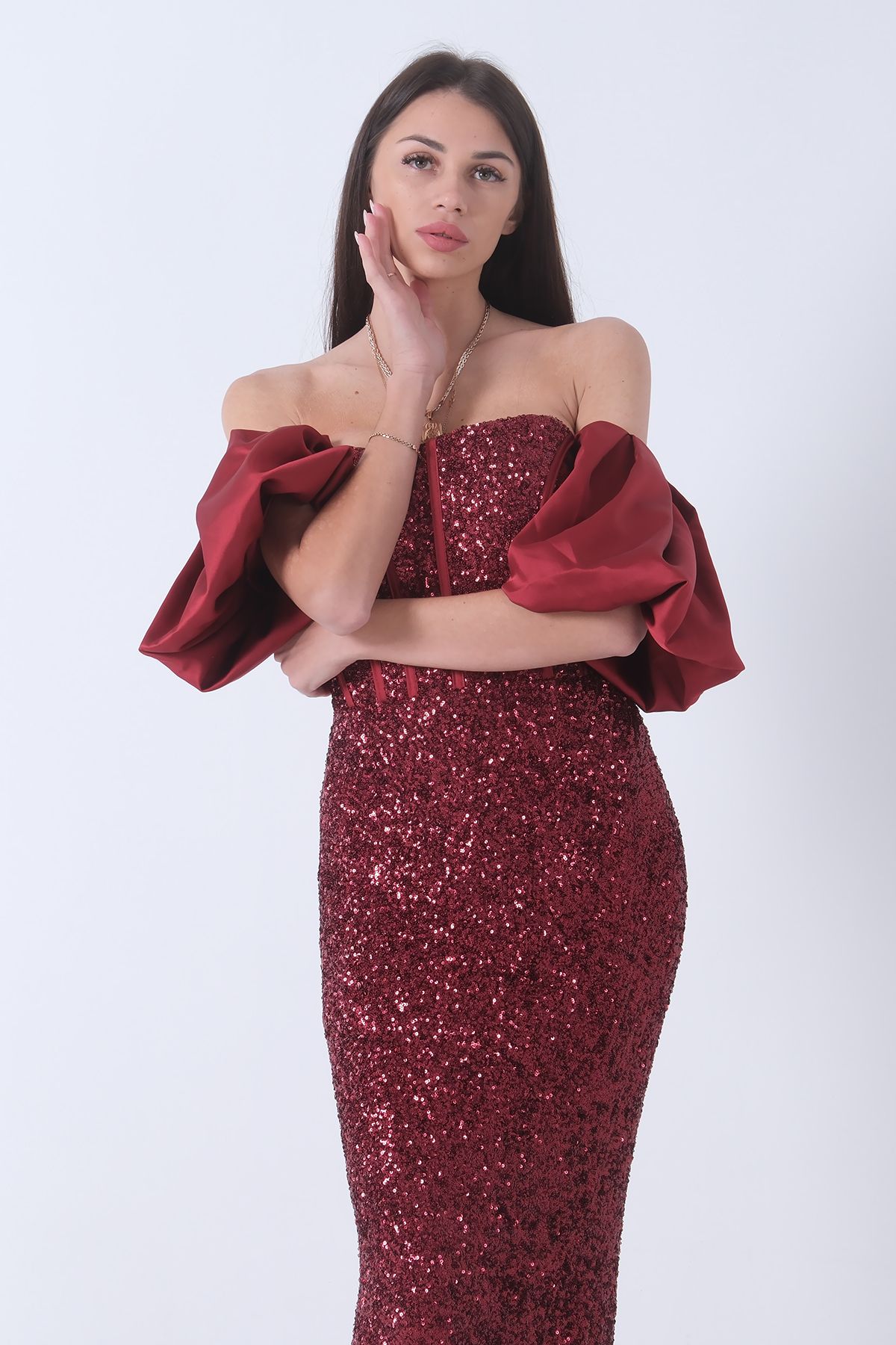 Feminist-Rochie de seara cu maneca balon burgundy - paiete cu paiete 9705296 7