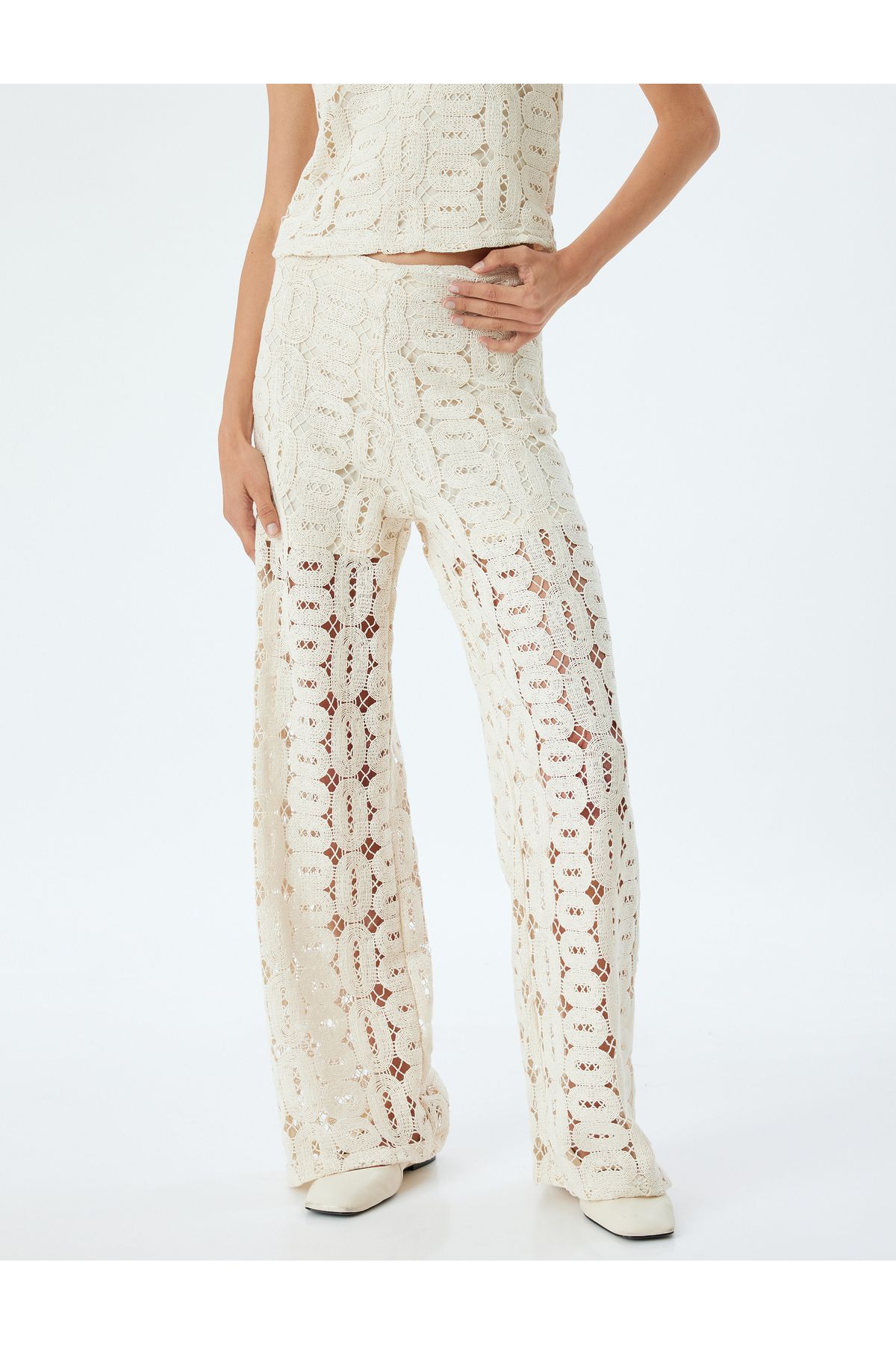 Koton-Wide Leg Half Lined Crochet Trousers 3