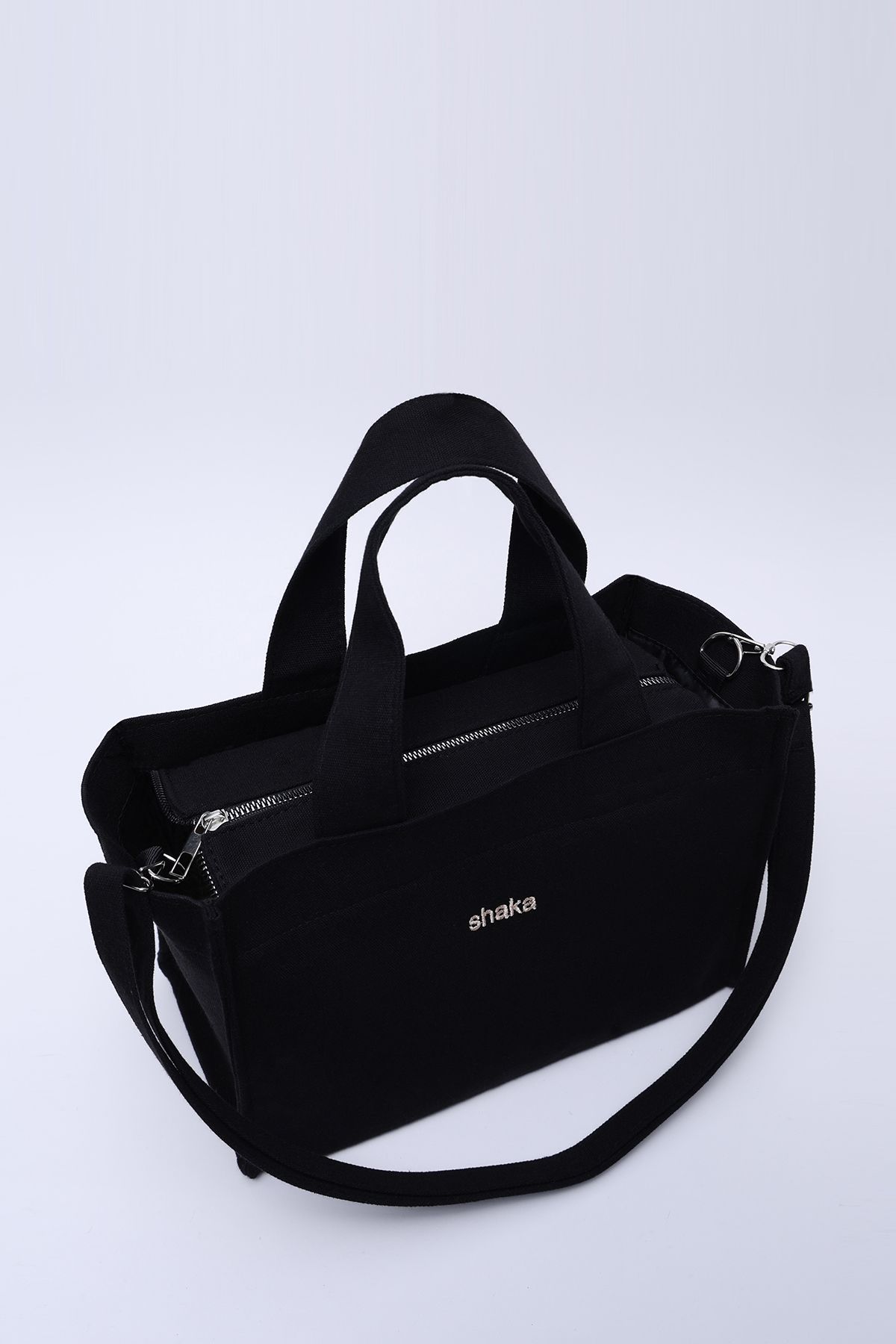 SHAKA-Black Canvas Fabric - Single Compartment and Lined, Zippered Double Strap Hand, Arm and Shoulder Bag U:19 E:2 5