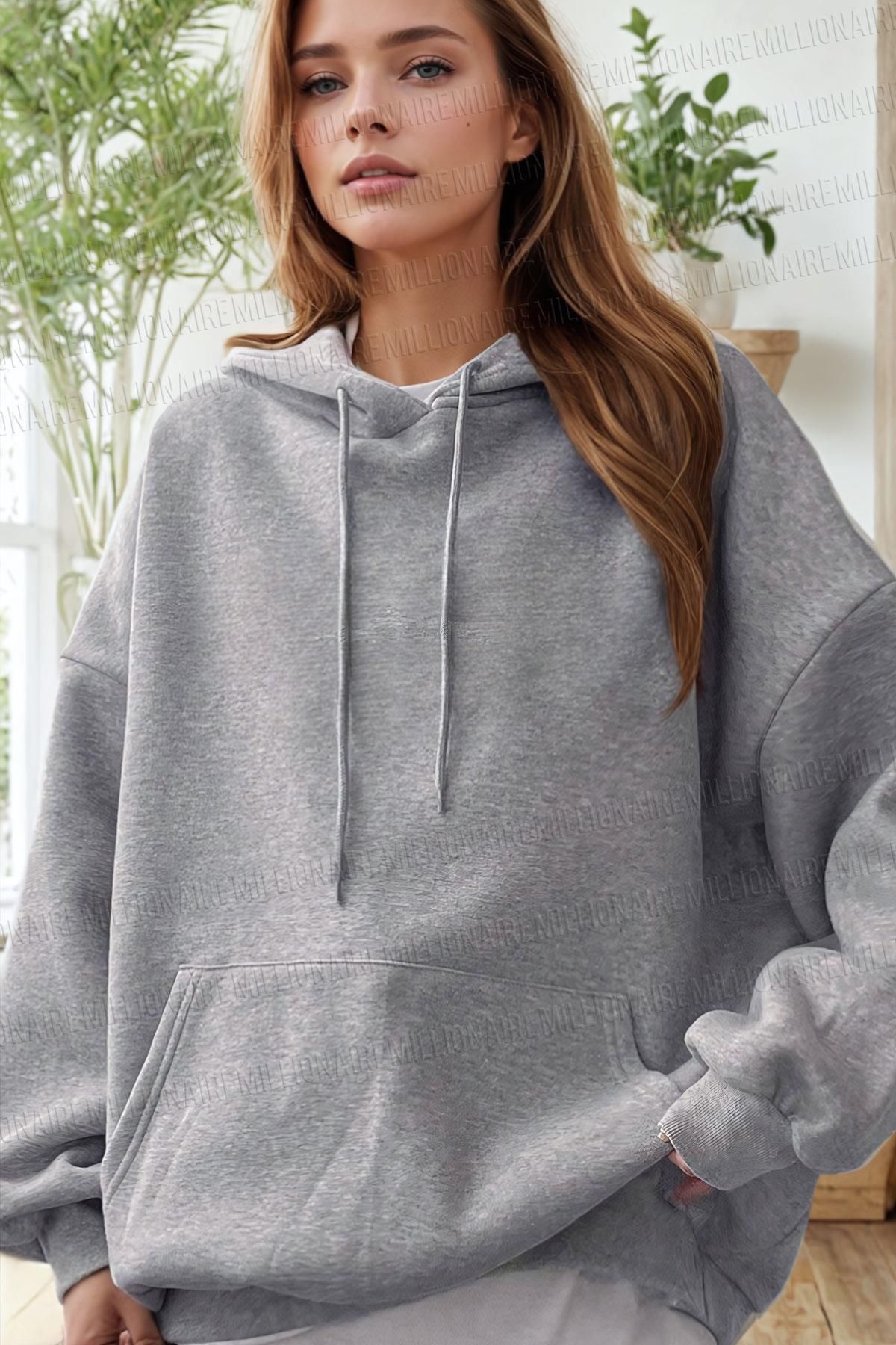 Millionaire-Gray Oversize Hooded Women's Hoodie - 3 Thread Raster Loose Cut Sweatshirt 1