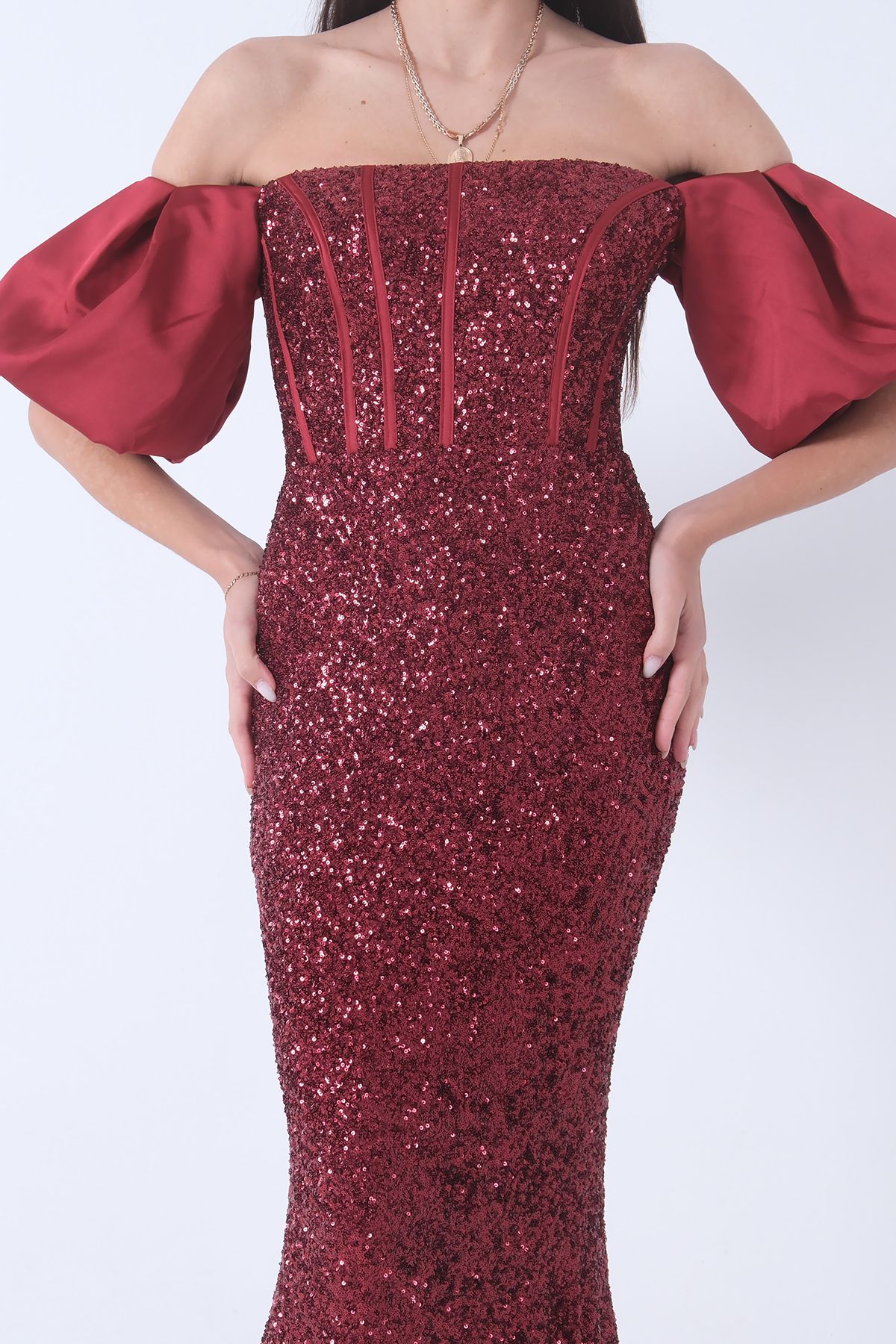 Feminist-Rochie de seara cu maneca balon burgundy - paiete cu paiete 9705296 8