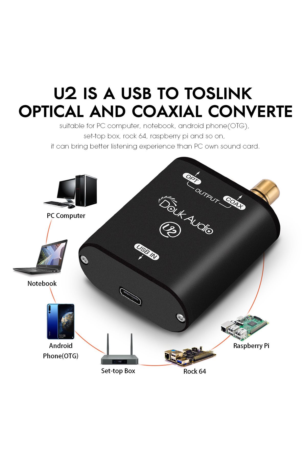 Choice-Douk Audio U2 Mini USB to SPDIF Audio Converter XMOS XU208 Digital Interface COAX/OPT DSD DOP 192KHz 5