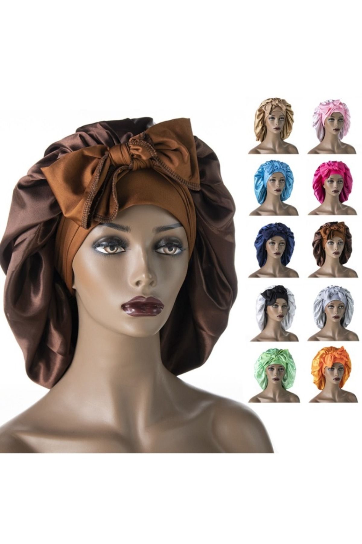 Choice-New satin nightcap wide stretch long tail extra-large shower cap ladies ribbon round hat hair bonnet 8