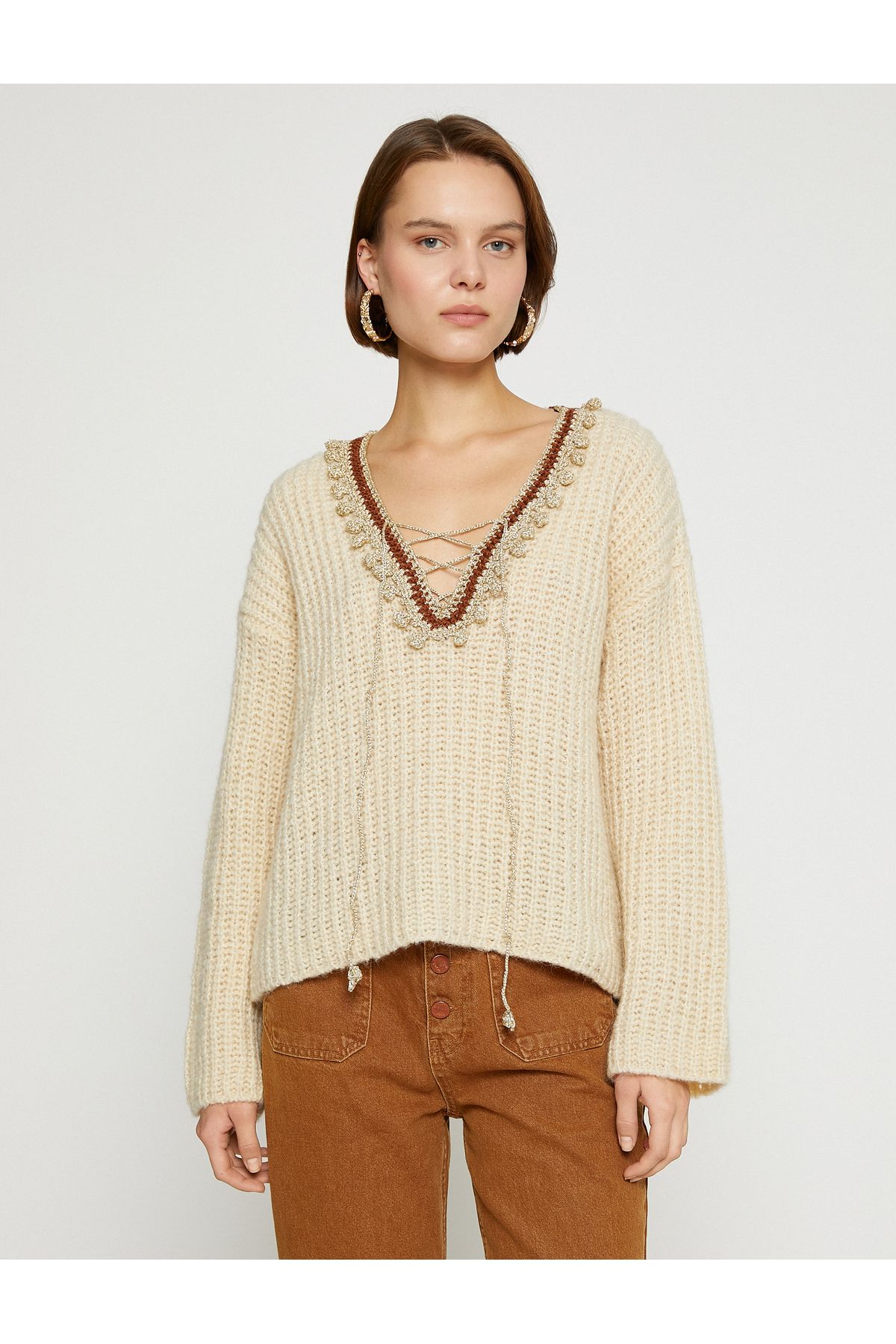 Koton-Women's Beige Sweater 3WAK90299HT 3