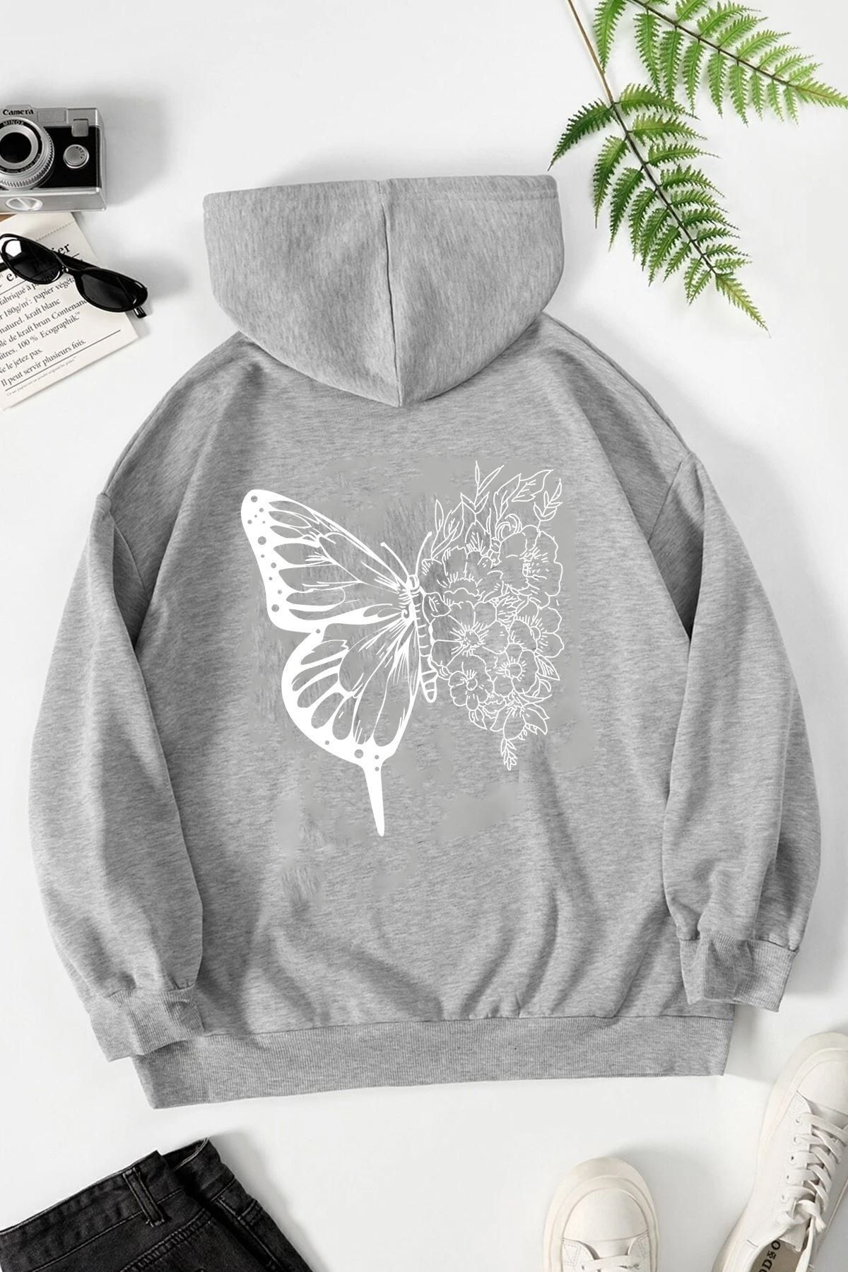 Moda Glo Unisex Drawing Butterflies Sırt Baskılı Sweatshirt