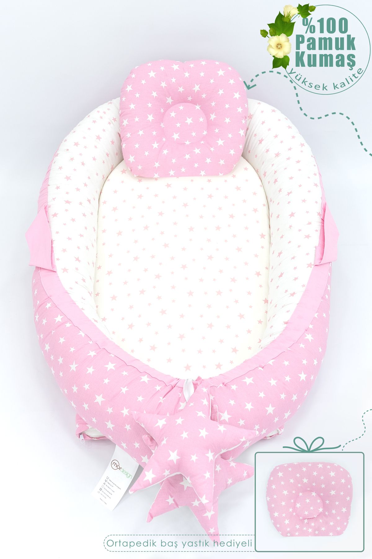 mordesign Babynest Ortopedik Bebek Yatağı, Anne Yanı Bebek Yatağı, Ergonomik Tasarım, Stars Serisi, Pembe