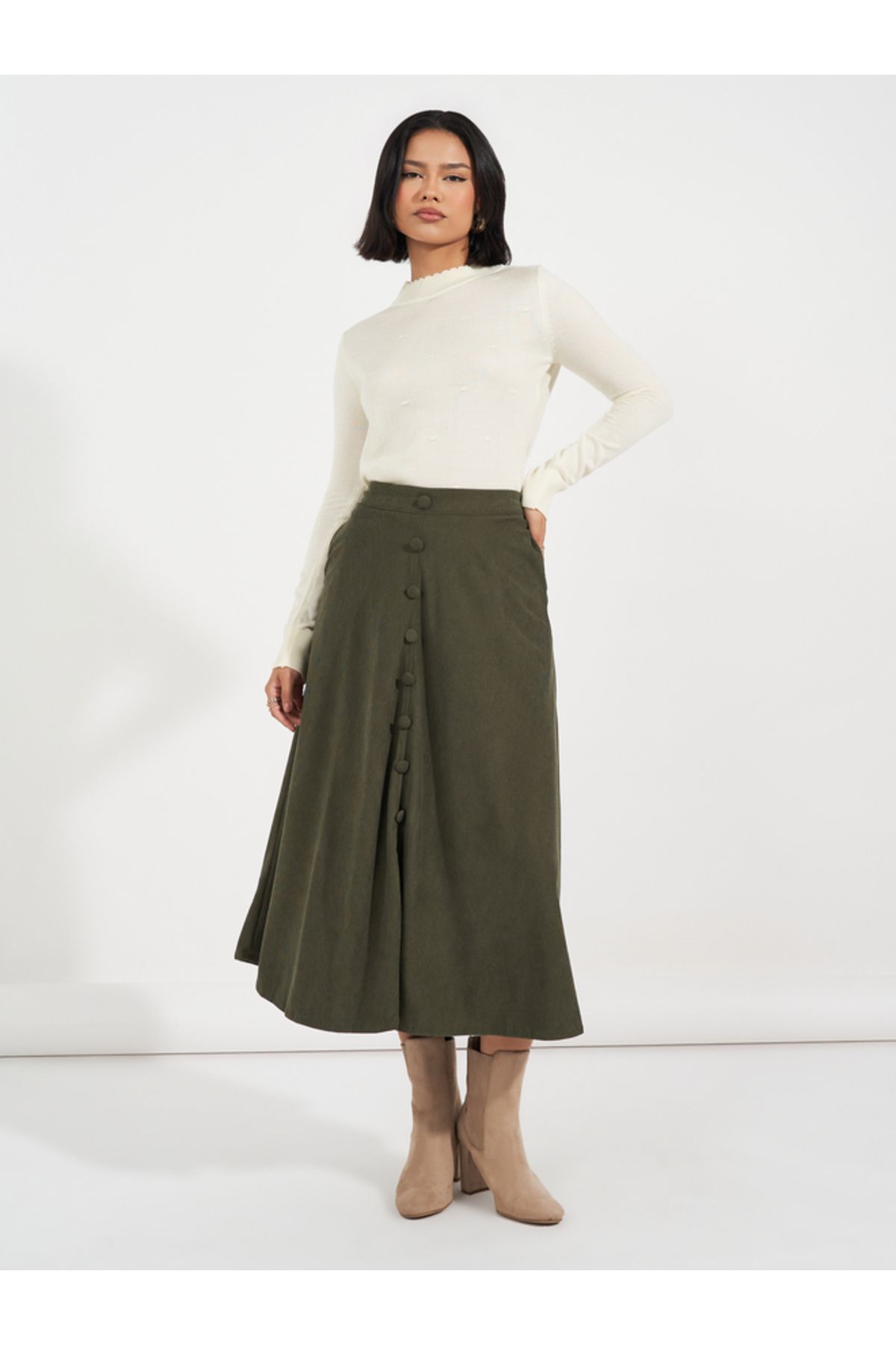 Styli-Corduroy Flared Midi Skirt with Button Detail 1