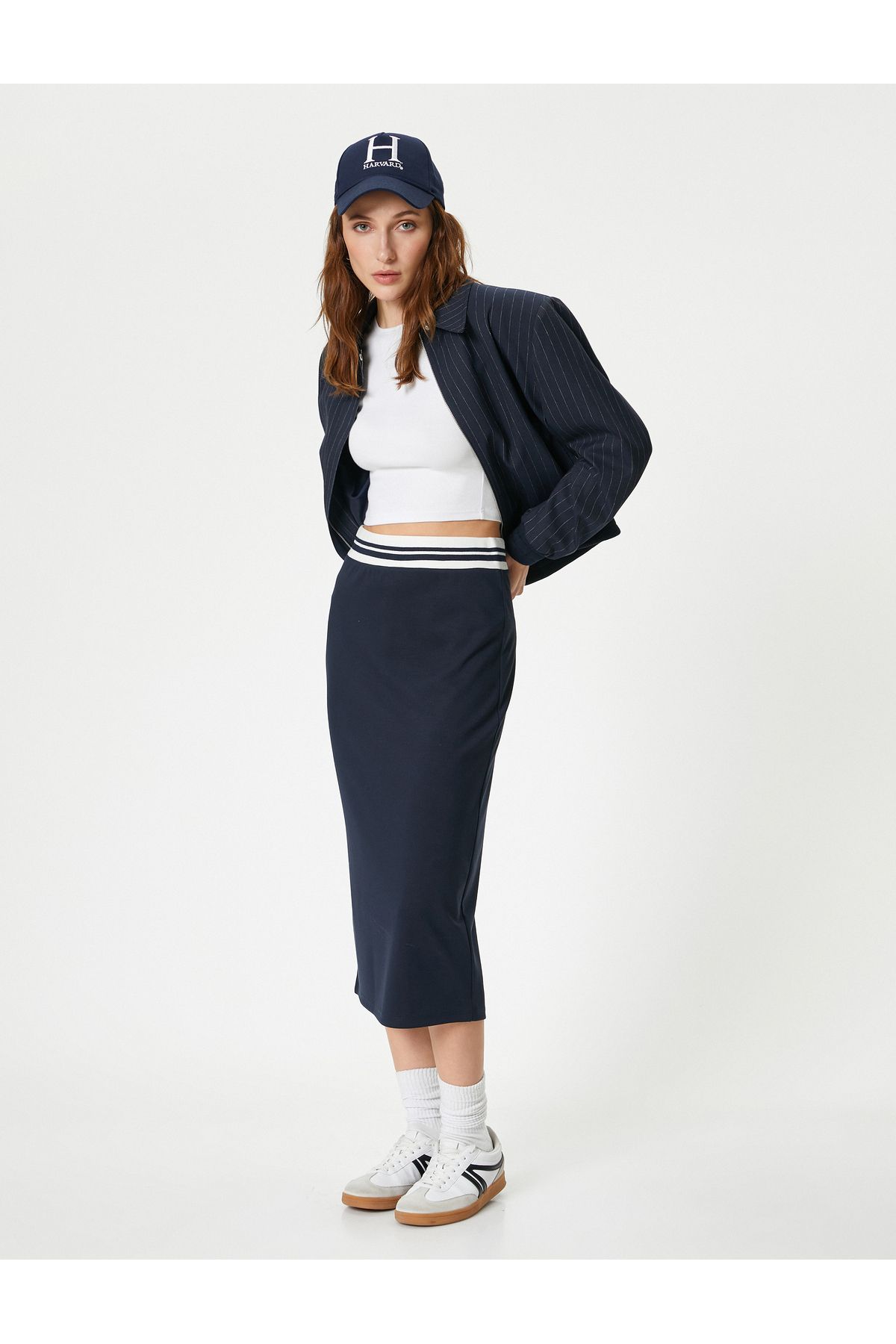 Koton-Color Contrast Midi Slim Fit Pencil Skirt - Elastic Waist and Slit 2