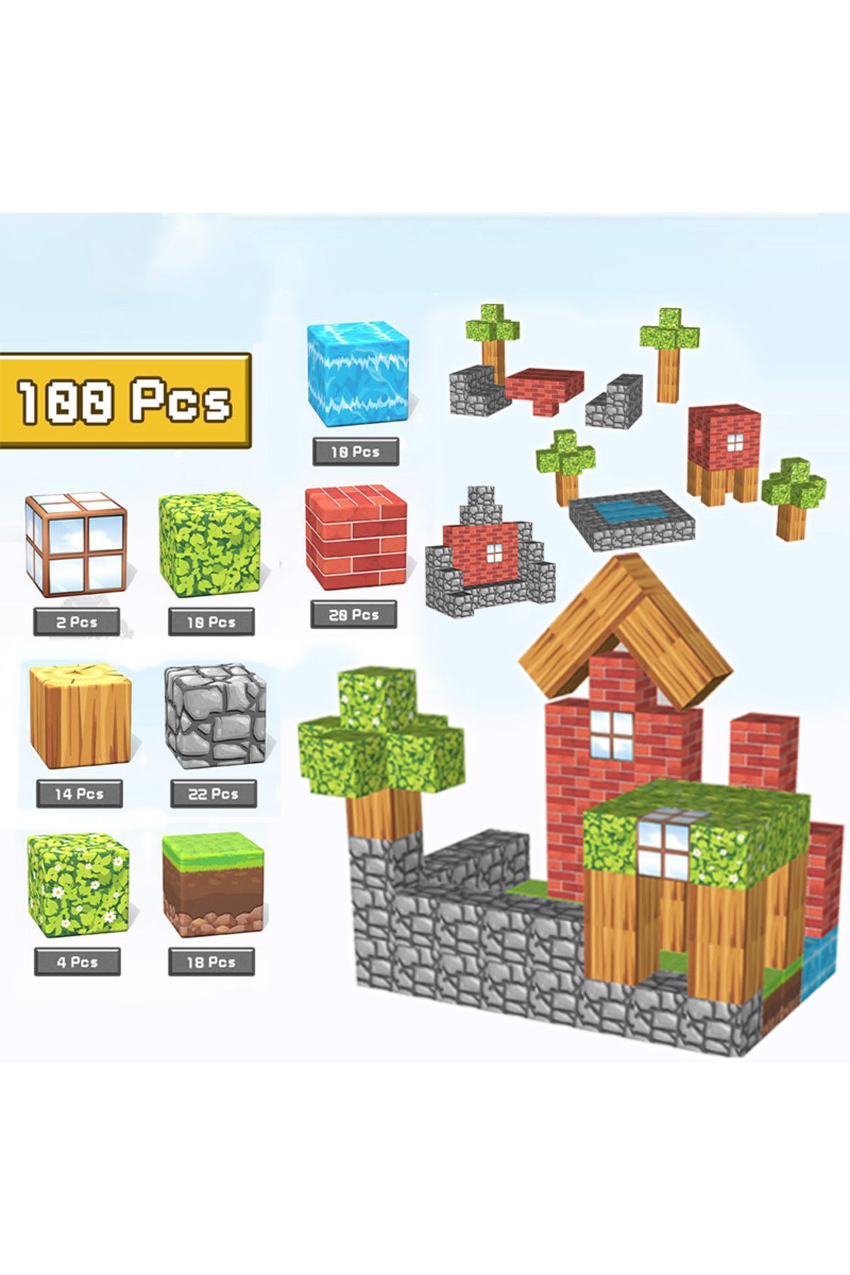 ۱۰۰ تکه ۱۰۰ تکه بلوک‌های مغناطیسی اسباب‌بازی ساخت‌وساز معدن جهان برای پسران و دختران، STEM مونته‌سوری حسی