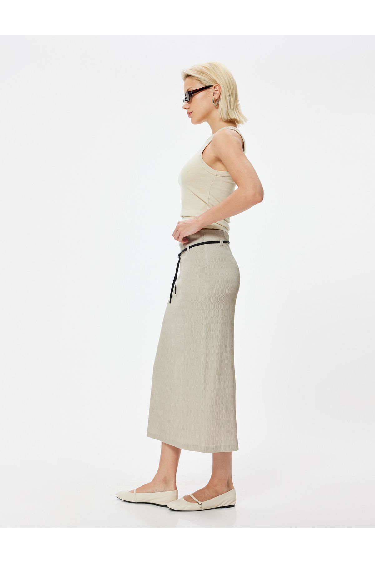 Koton-Pencil Skirt - Midi Length, Belt Detail 2