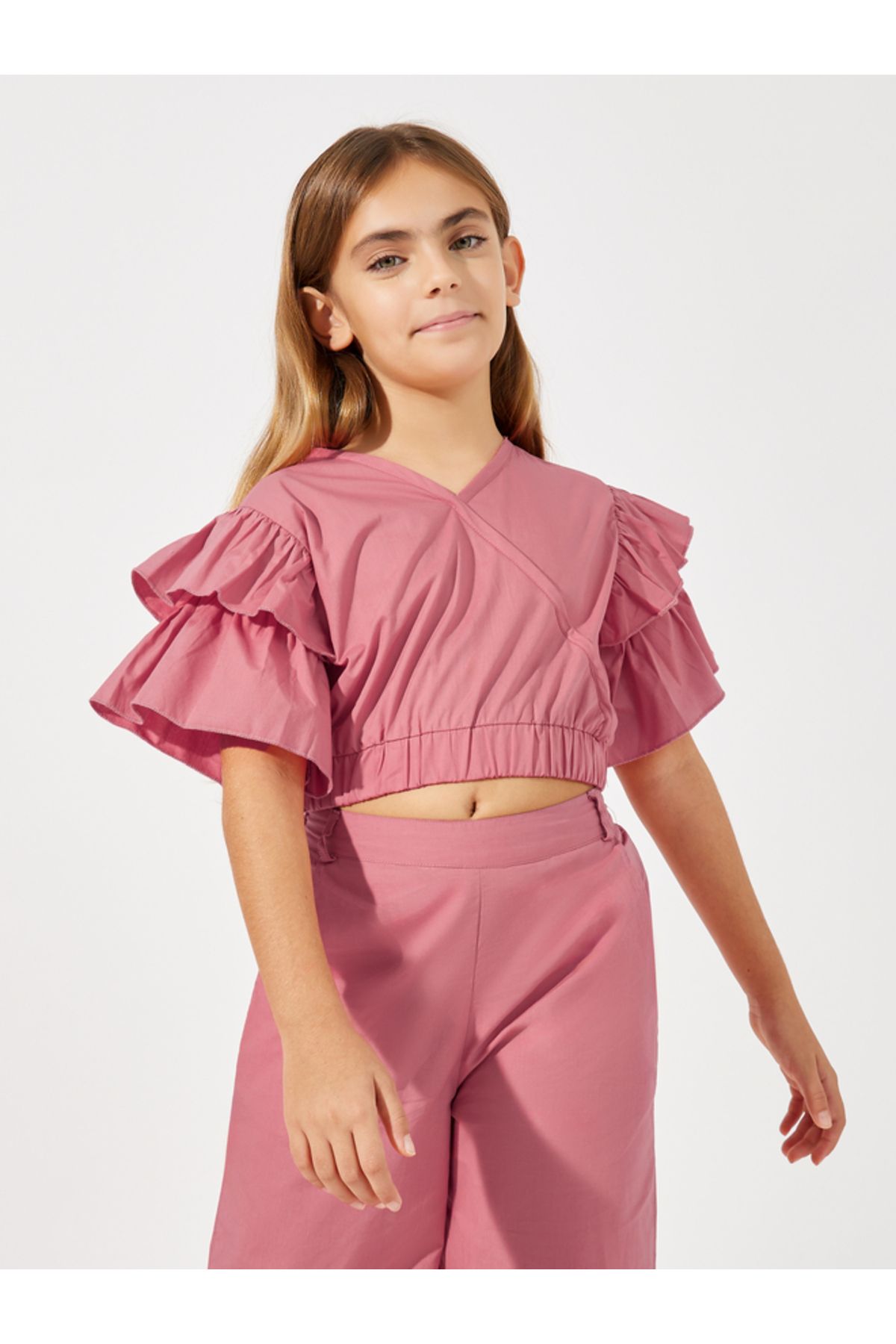 Styli-Layered Sleeve Crop Top & Wide Leg Pants Set 2