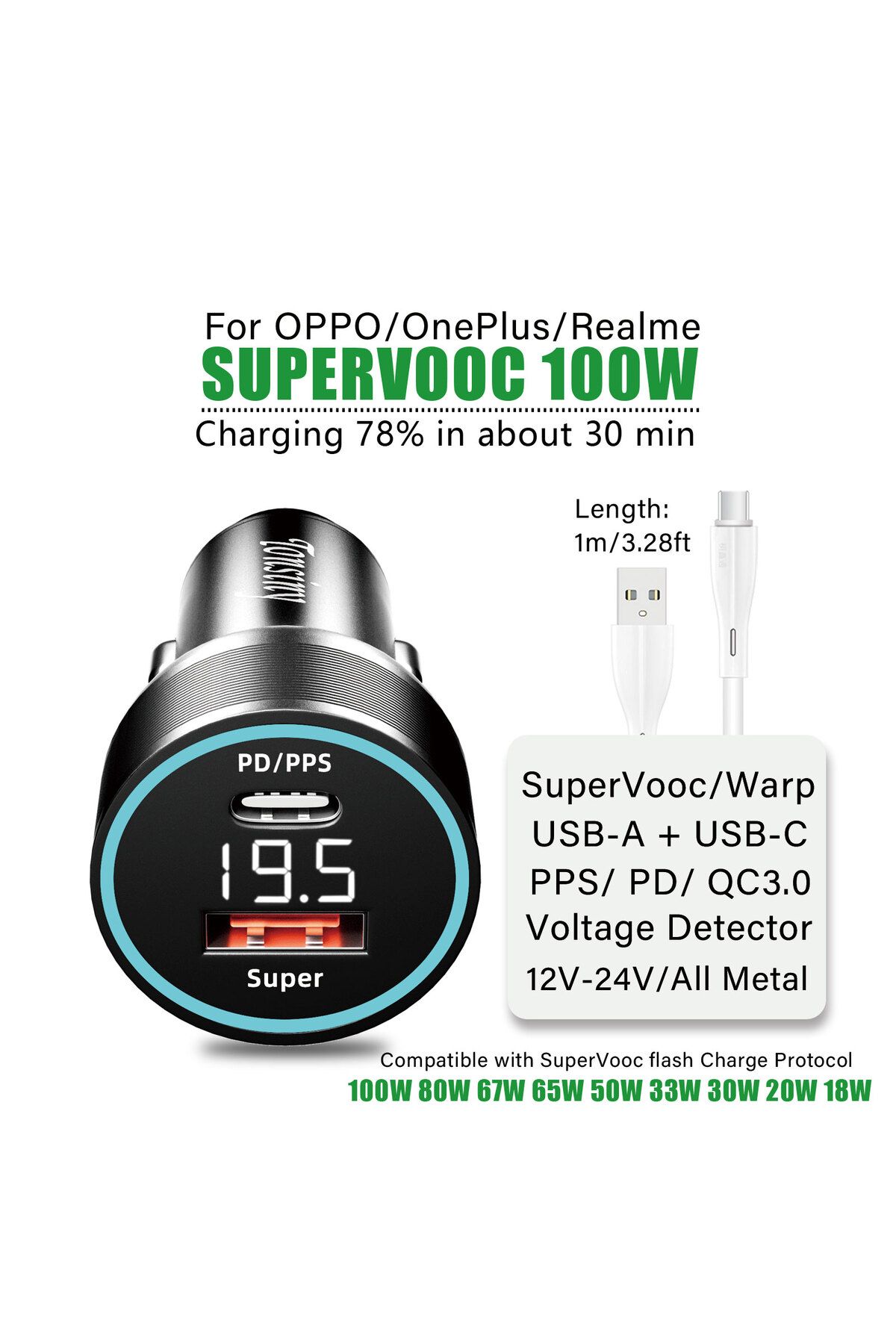 Choice-For OPPO car charger SuperVooc 100W, Cigarette Lighter plug for OPPO Find X7 Reno8,12V Usb for re... 1