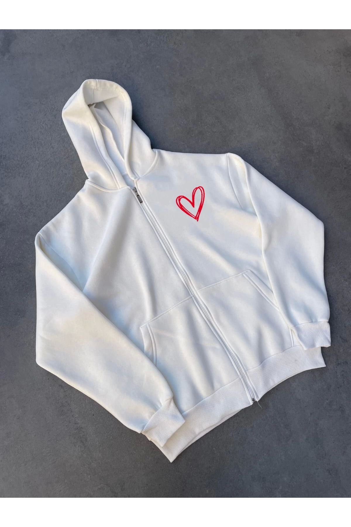 Pink Stil Üç İplik Baskılı Fermuarlı Kapüşonlu Hırka - Beyaz Pink Stil
