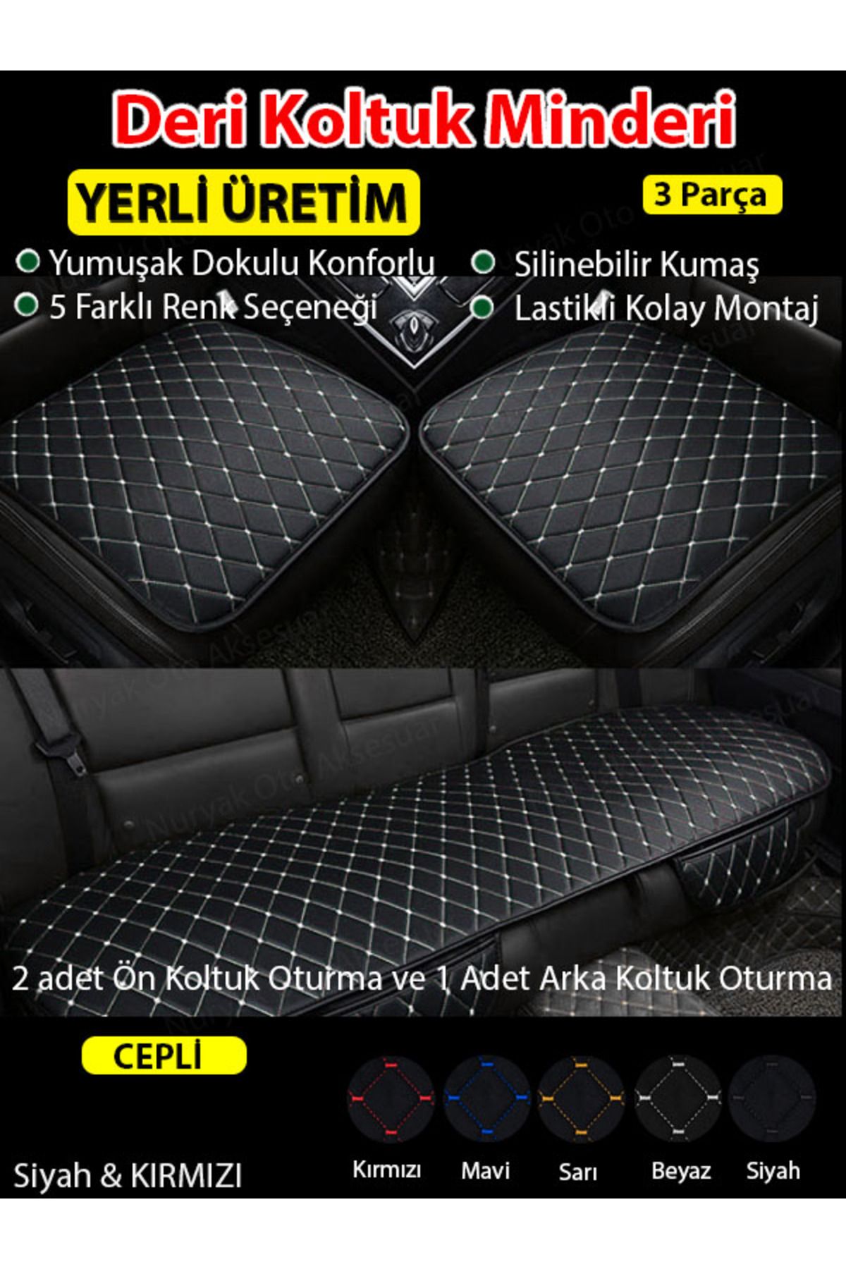 Fiat Fiorino (2008-2016) Fiat Fiorino Uyumlu Üç Parça Koltuk için Siyah Deri Beyaz Dikiş Koltuk Minderi