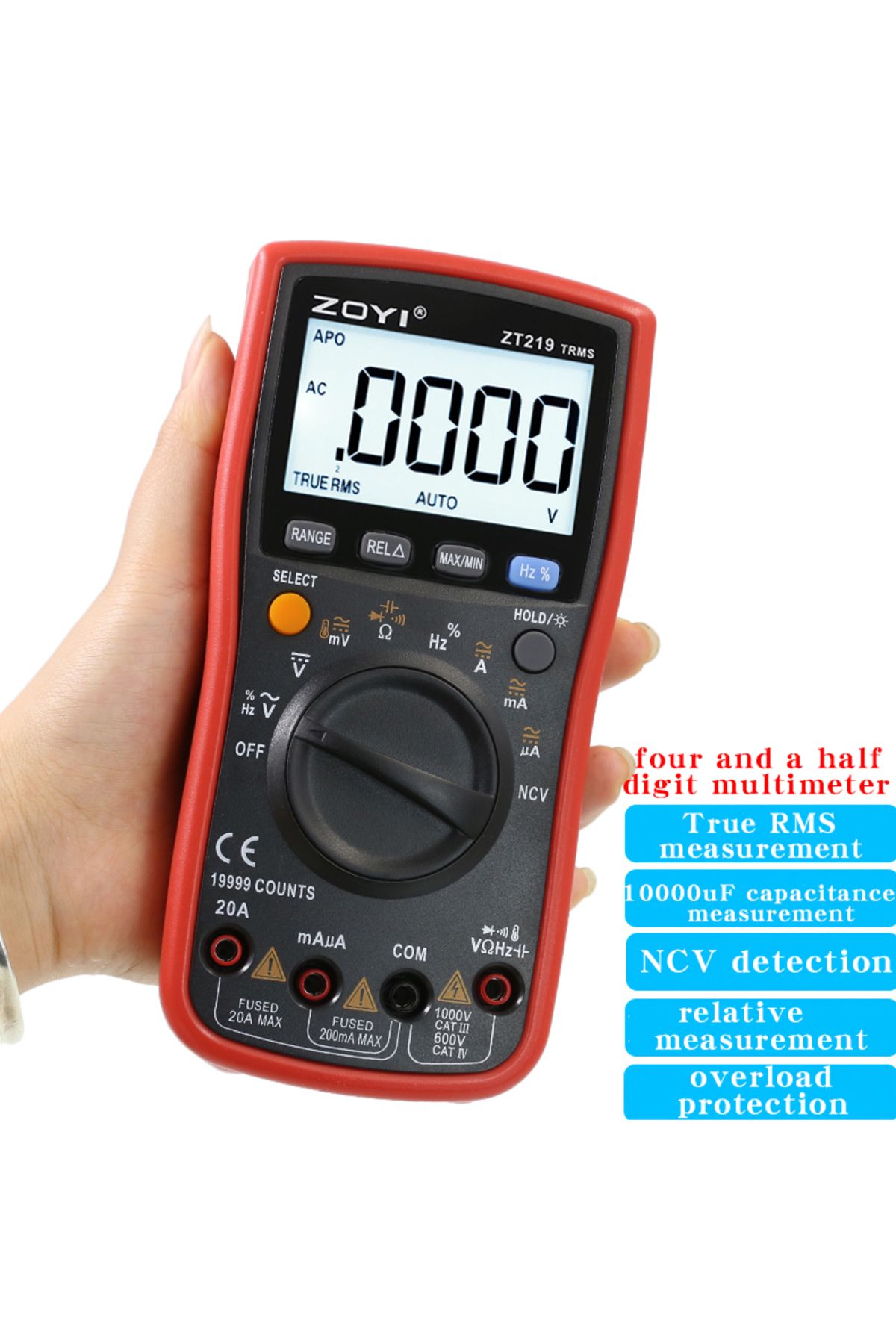 ZOYI-Auto-Range Multimeter ZT219 High-Precision 4.5-Digit True RMS Digital Multimeter with Overlo... 1