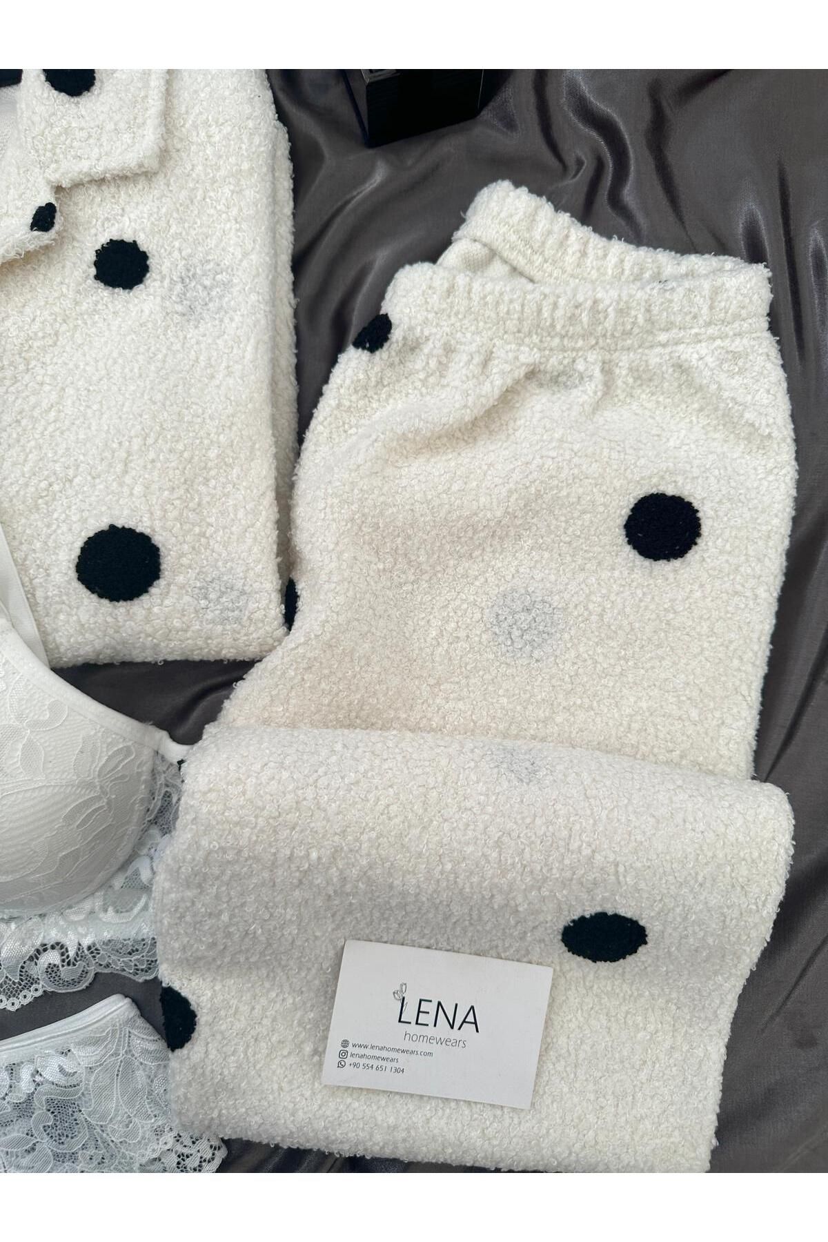 Lena Homewears-Ecru Polka Dot Patterned Buttoned Boucle Pajamas Set with Underwear 6
