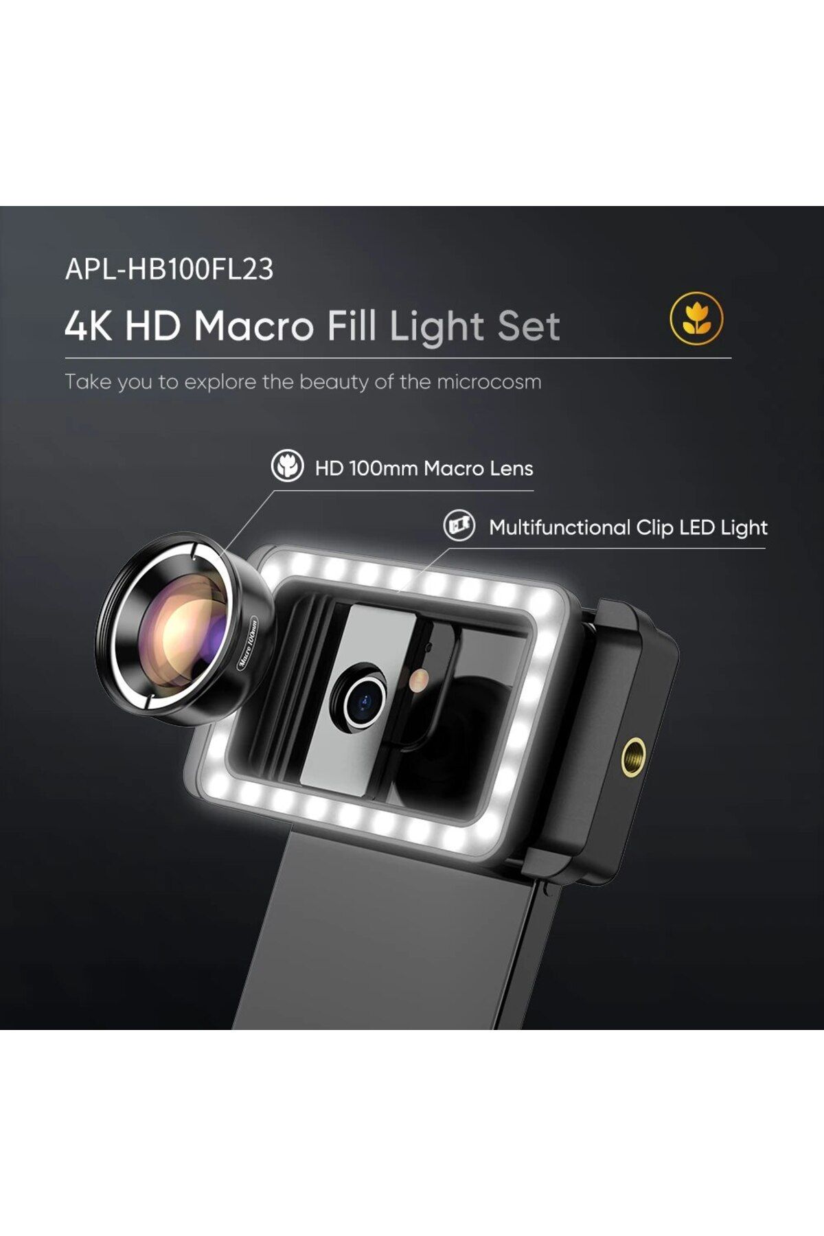 APEXEL-New Upgrated 4k HD 100mm Macro Lens With LED Fill Light Universal Clamp Micro Lenses for i... 5