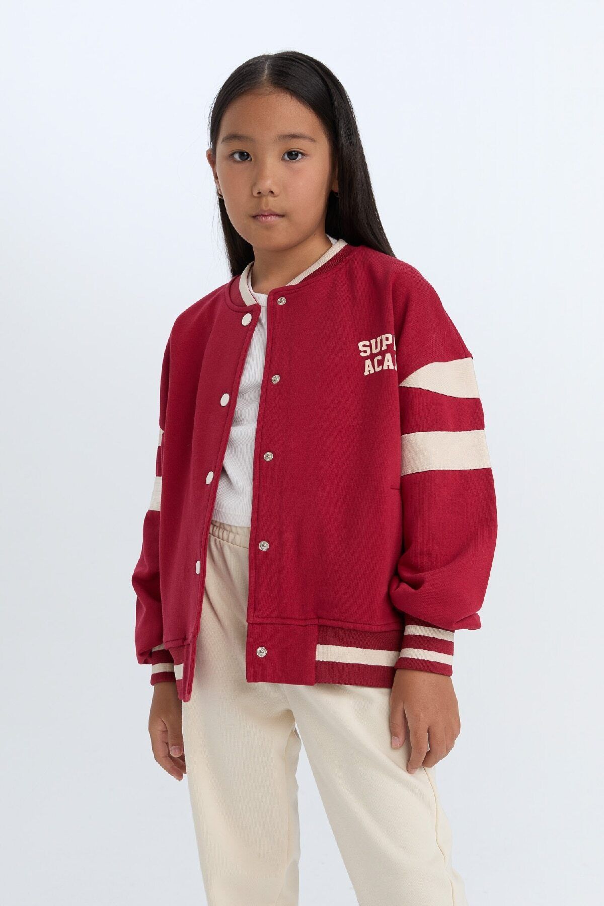 DeFacto-Girl's Soft Feather Bomber Cardigan - College Collar, Printed, Snap Closure D4269A824Wn 4