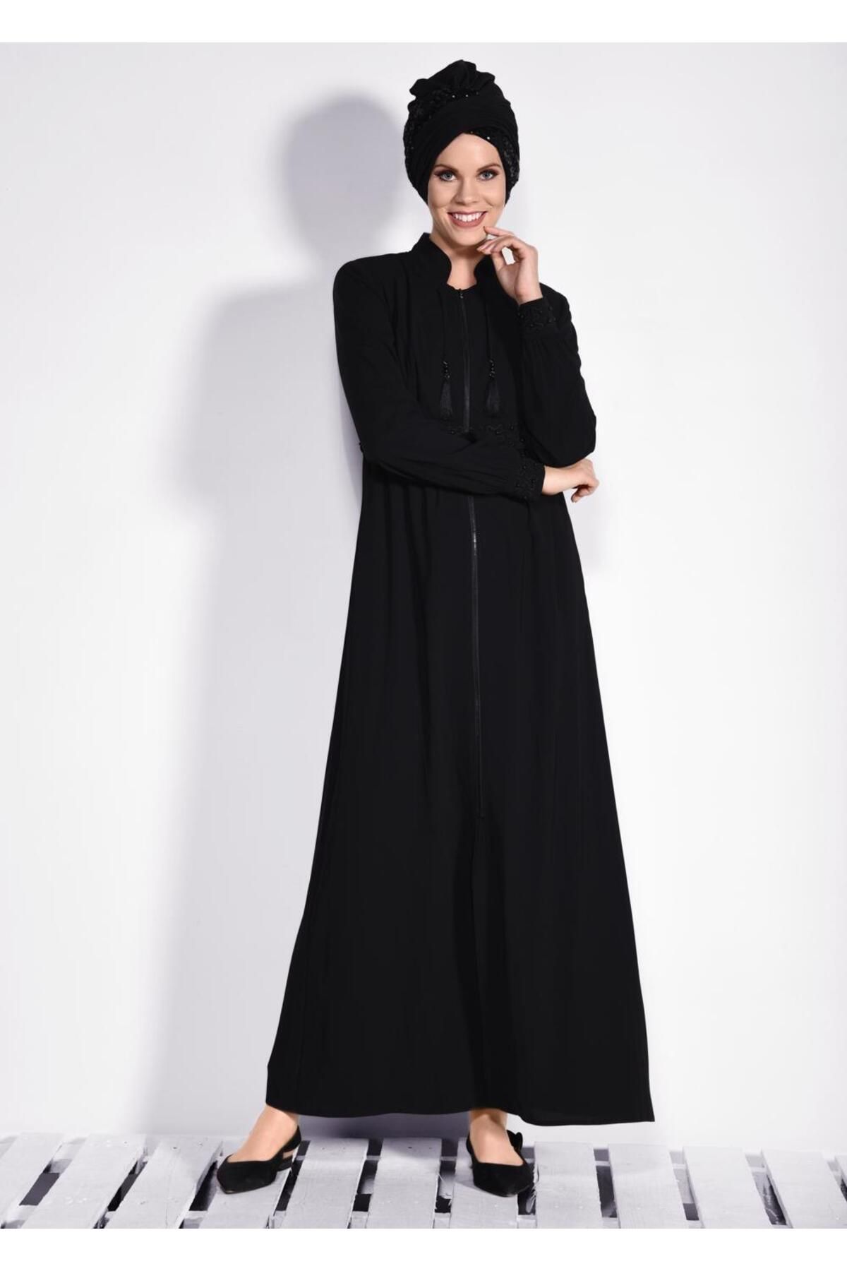 مانتو و عبای پوشیده سیاه زنانه FERACE با TASSEL ZIPPER 8297 آلوینا Alvina