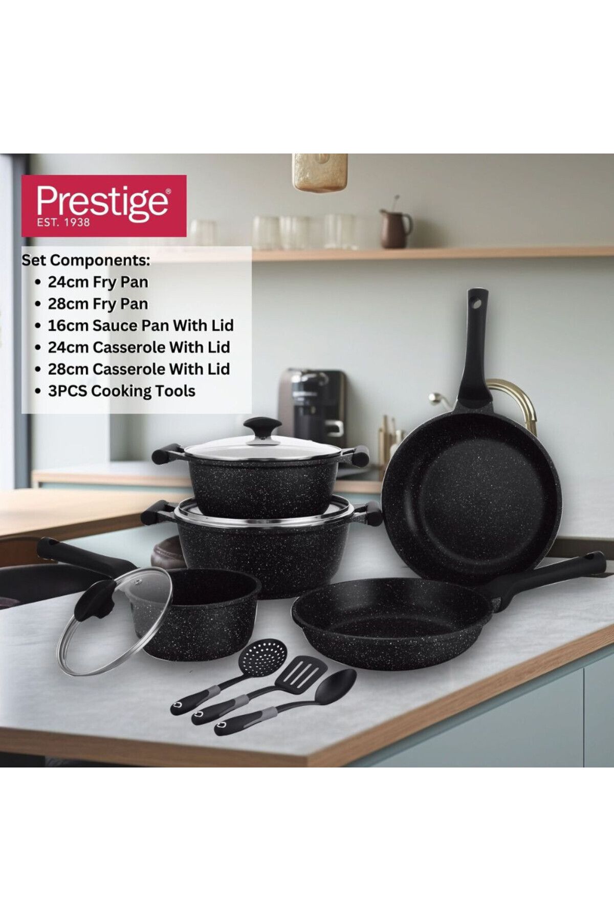 Prestige-Essentials Granite Nonstick Pots and Pans Set | Induction Cookware Set 11 Pieces  - Black 5