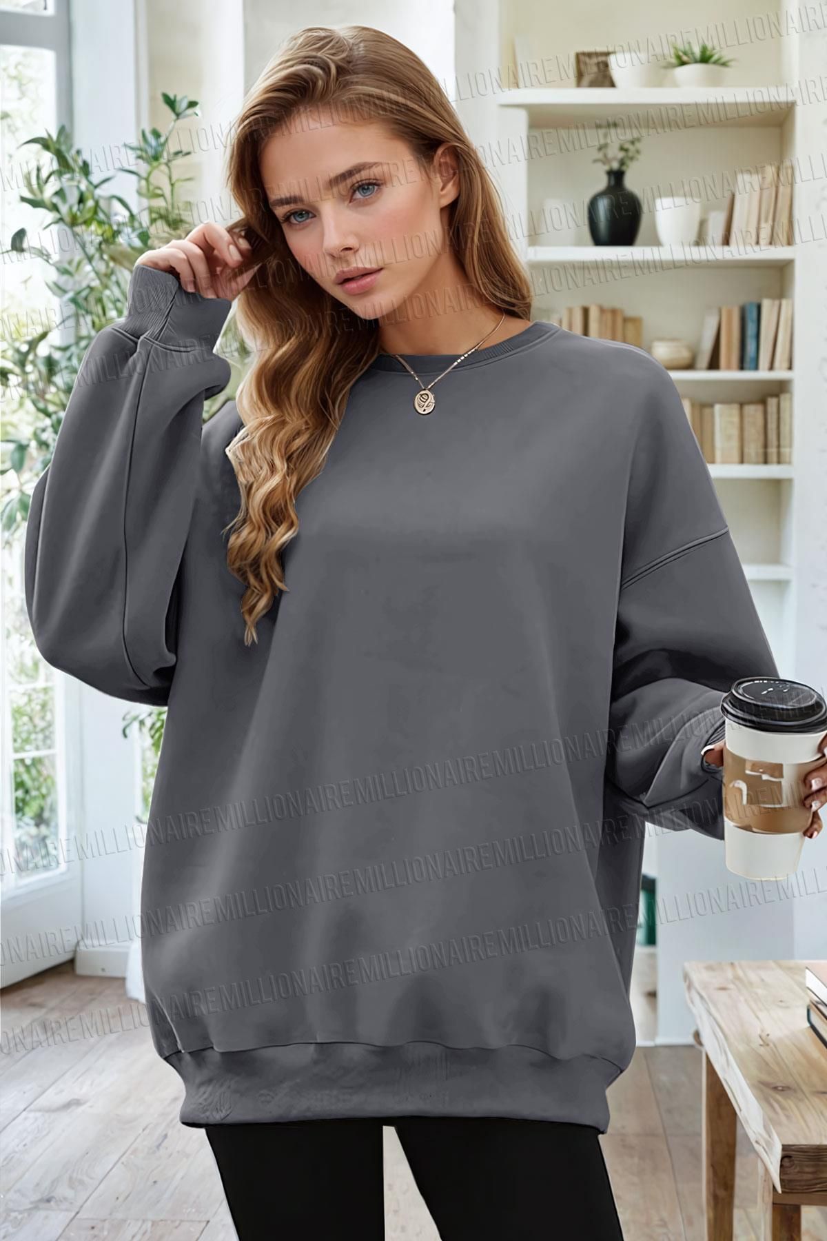 Millionaire-Women's Dark Gray Basic 0 Zero Collar Unprinted Plain Oversize Loose Loose Cut Fleece Sweatshirt 1