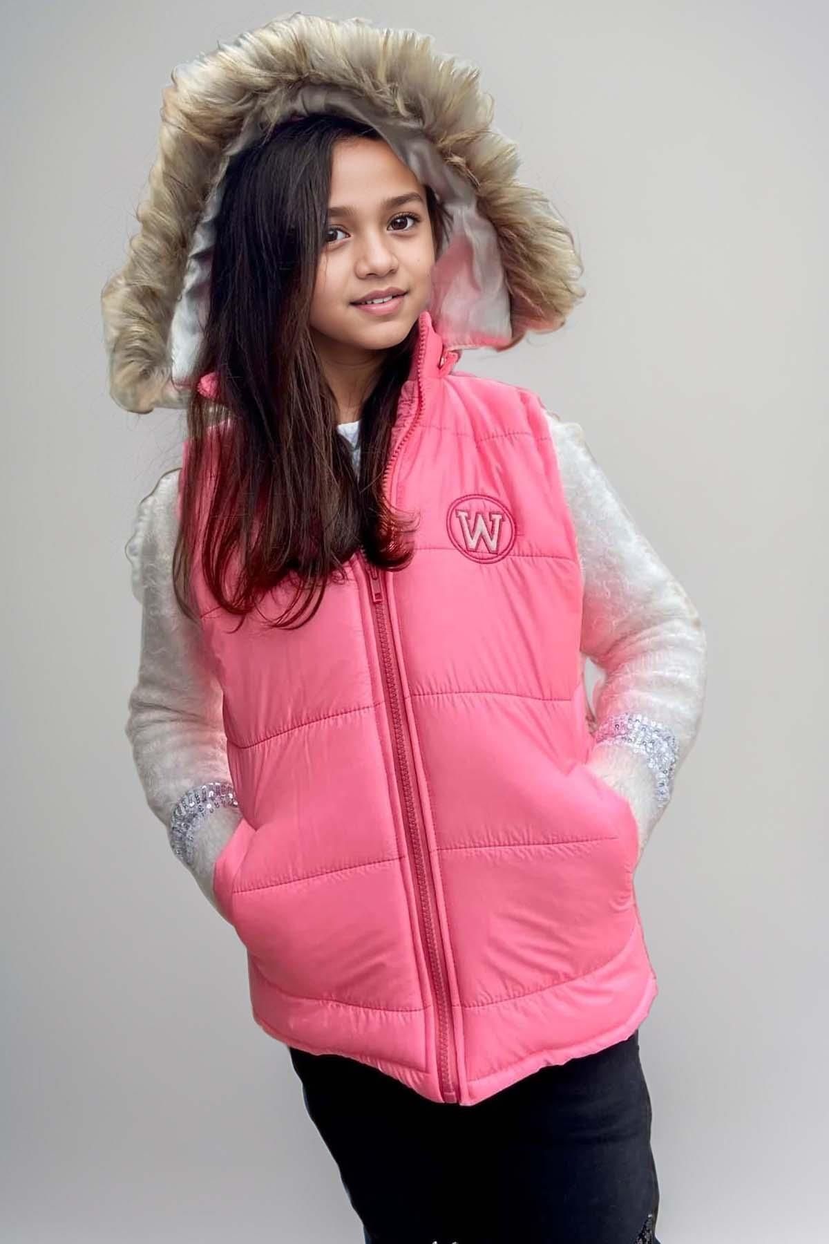 Riccotarz-Girl's Pink Inflatable Vest with Feather and Snap-On Hat and Zippered Open Close 1