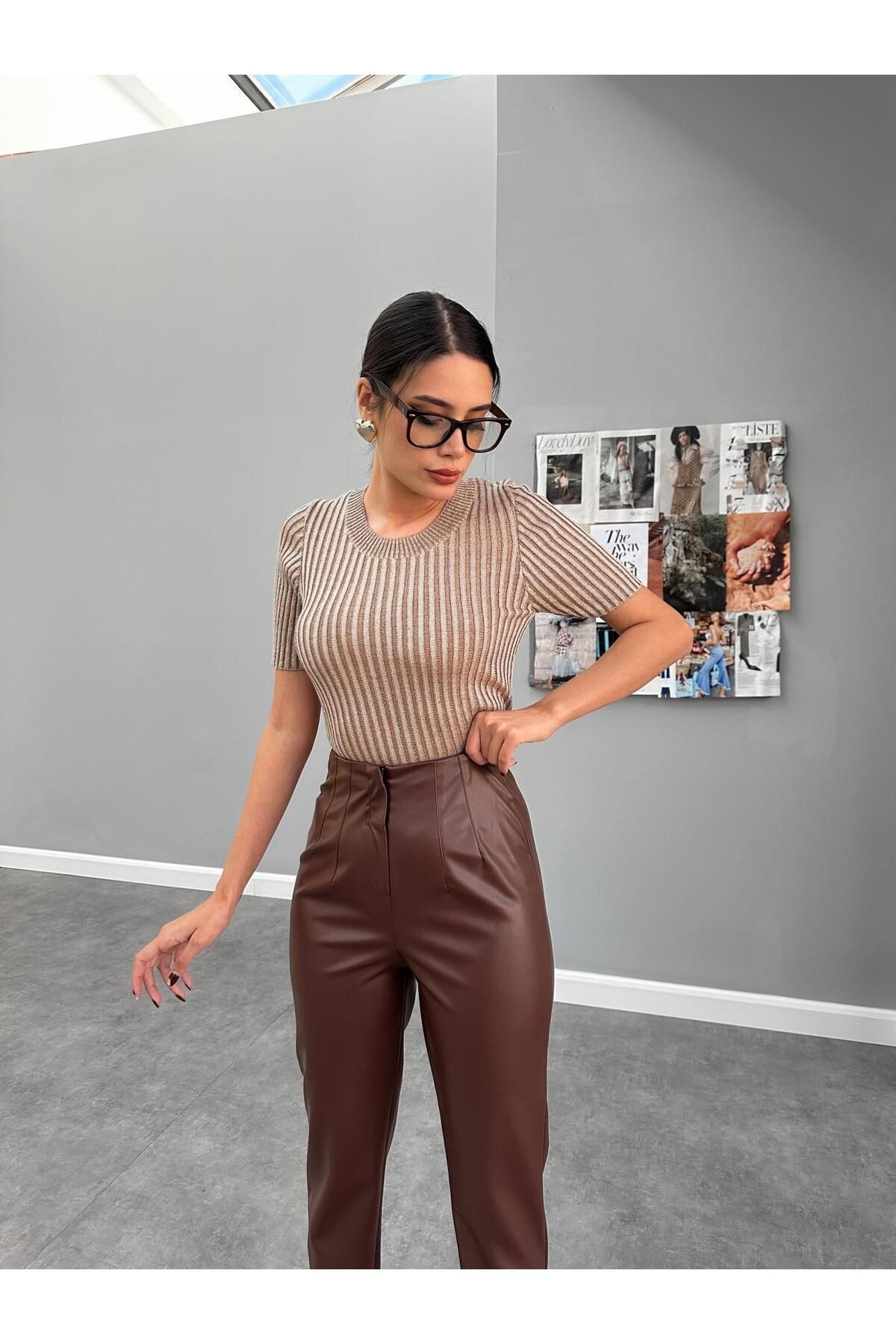 ESRAHELVACI-Pantaloni din piele maro cu talie 4
