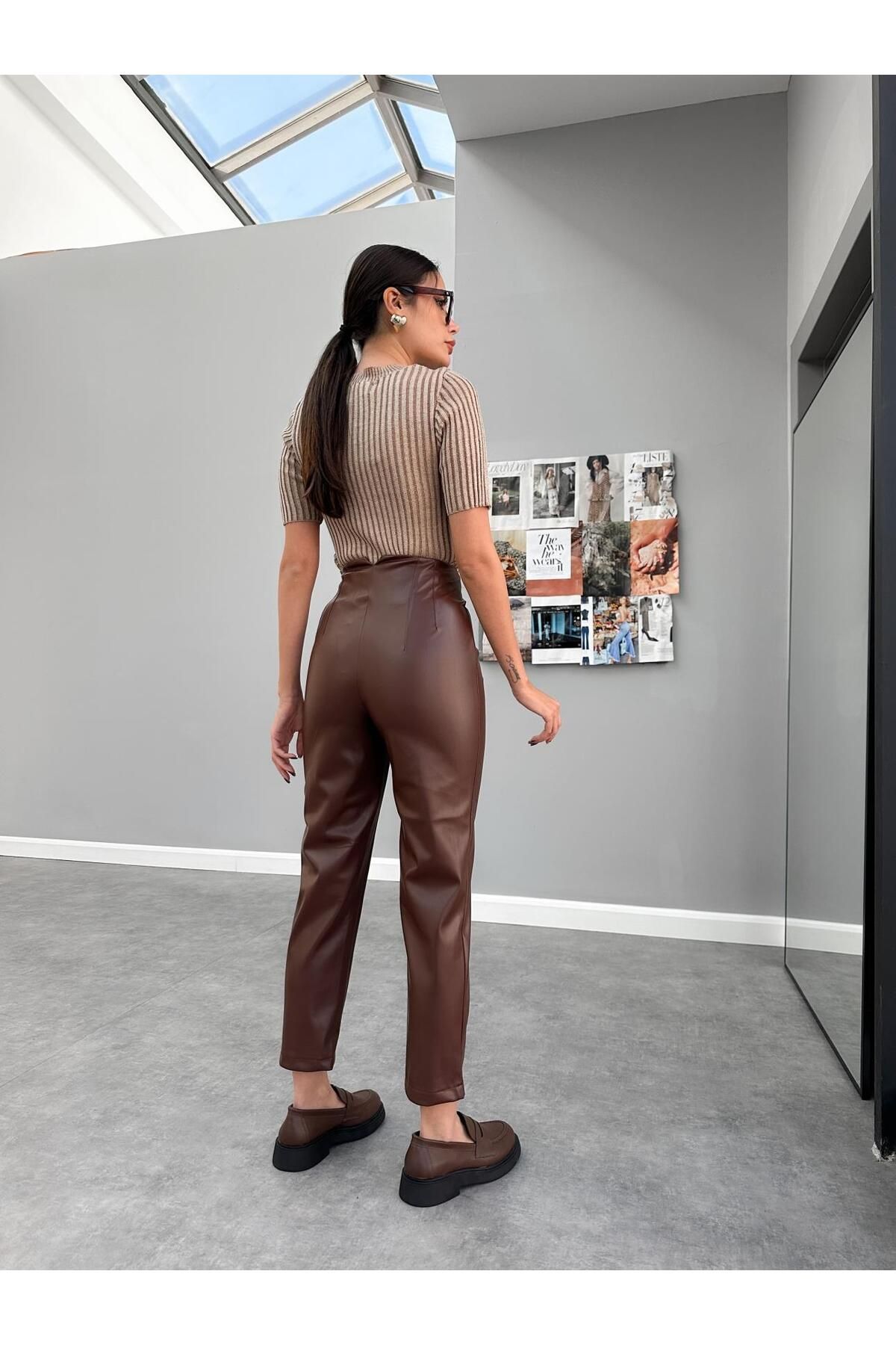 ESRAHELVACI-Pantaloni din piele maro cu talie 5