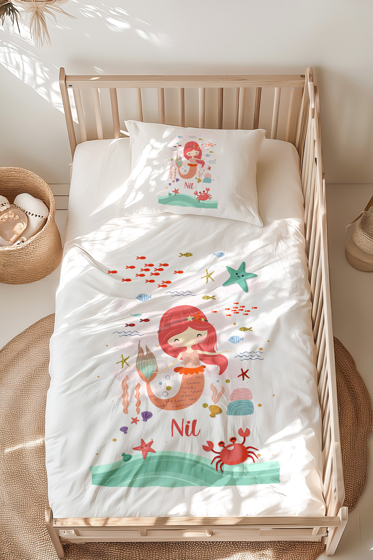 % Cotton Satin Name Exclusive Montessori Bed Duvet Cover Set (100X200 CM) Mermaid