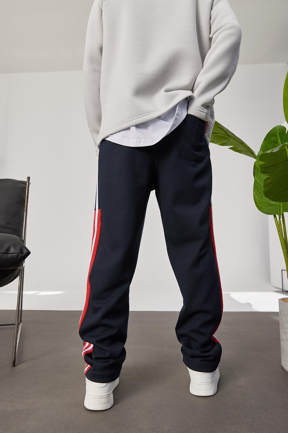 NOMARC-Red Detailed 2 Line Navy Blue Tracksuit 5