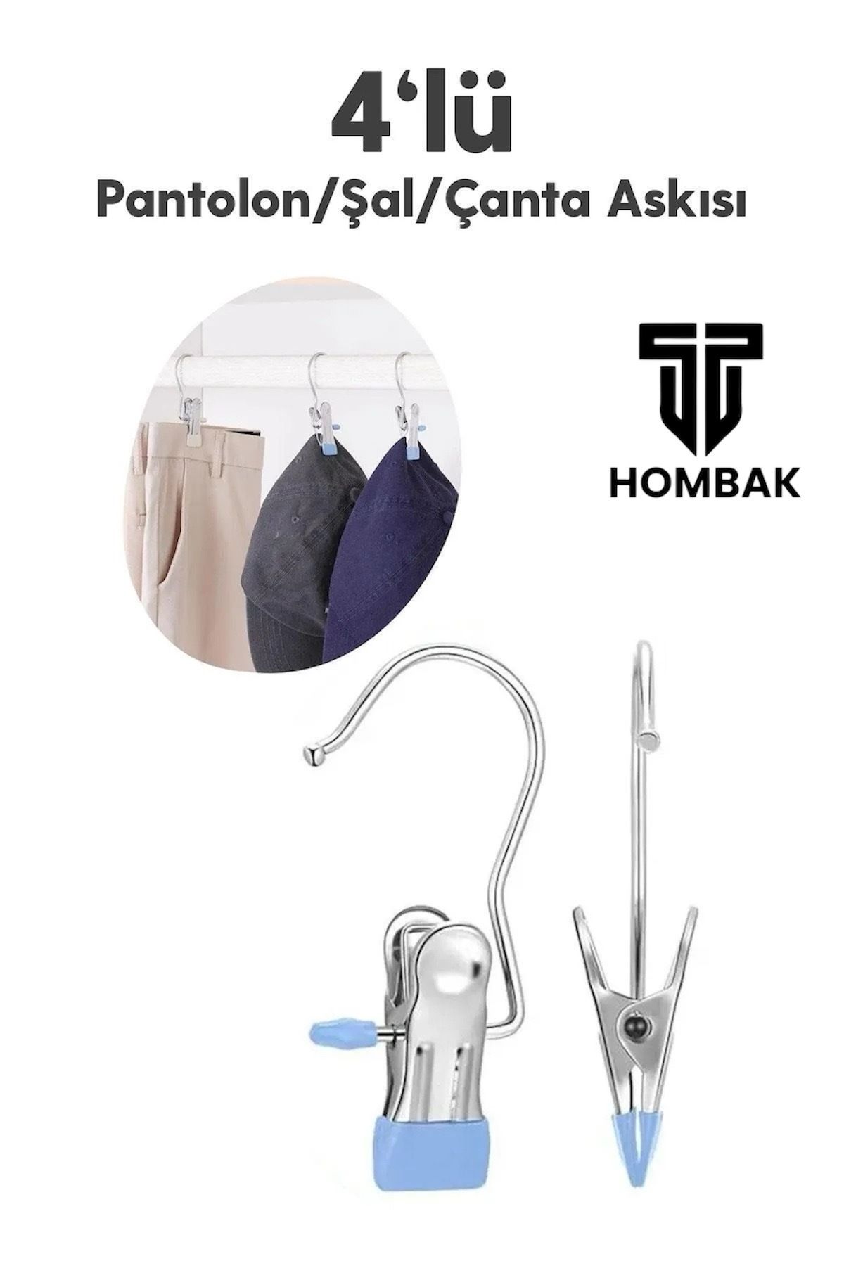 Hombak 4lü Paslanmaz Çelik Pantolon,Şal,Şapka,Fular,Atkı,Çanta Askısı Mandallı